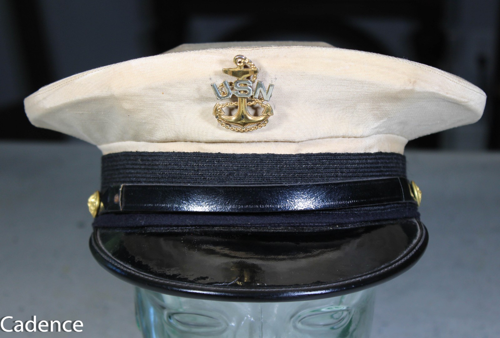 US WW2 USN Navy CPO Chief Petty Officer White Visor Hat Cap Sz 7 Vanguard Badge