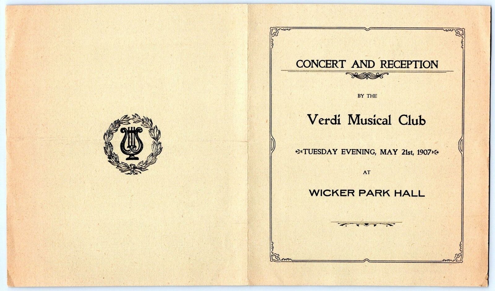 1907 WICKER PARK HALL CONCERT PROGRAM*CHICAGO*VERDI MUSICAL CLUB*ADVERTISING