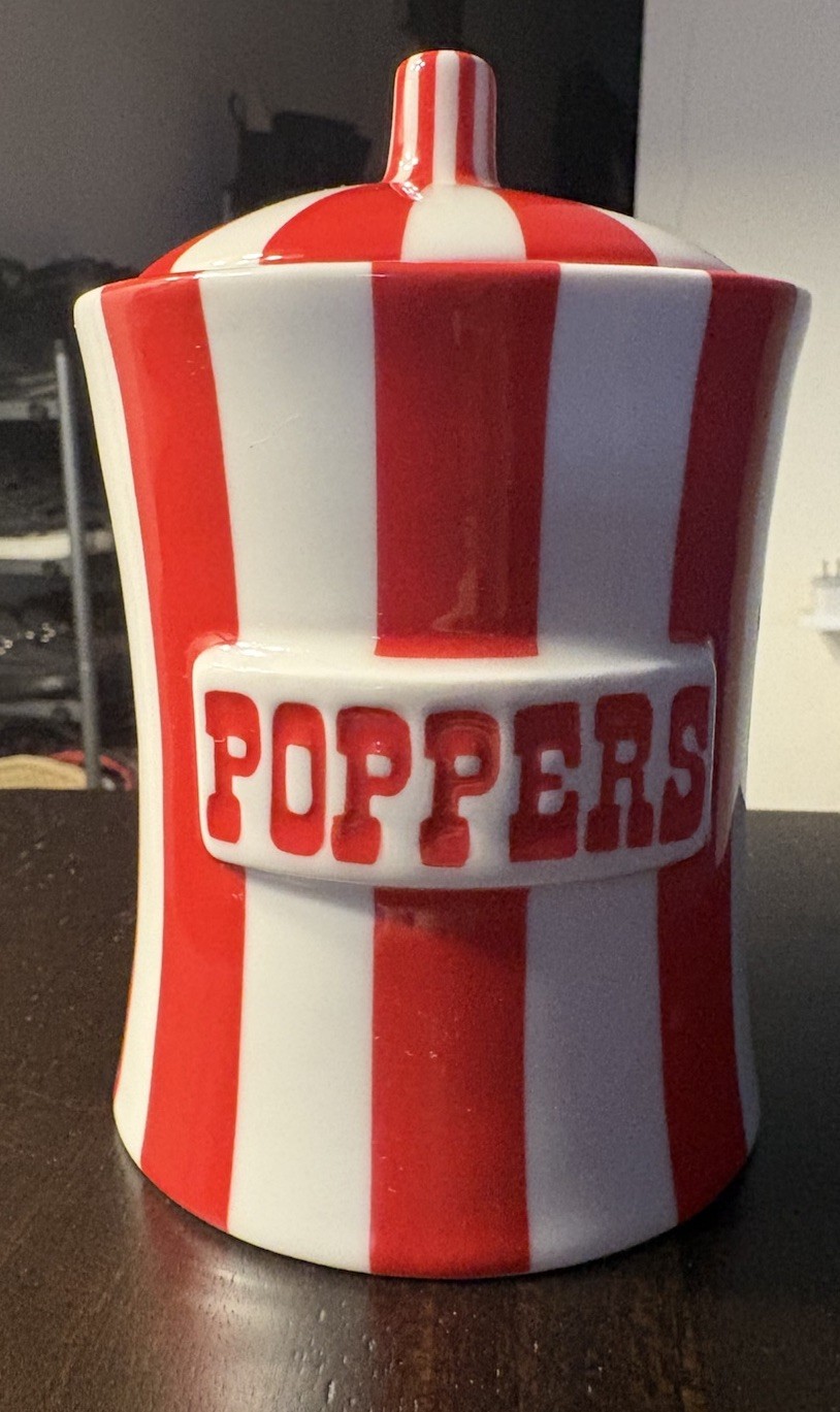 Jonathan Adler Vice Poppers Canister - White/Red Striped, EUC-Rare & Retired