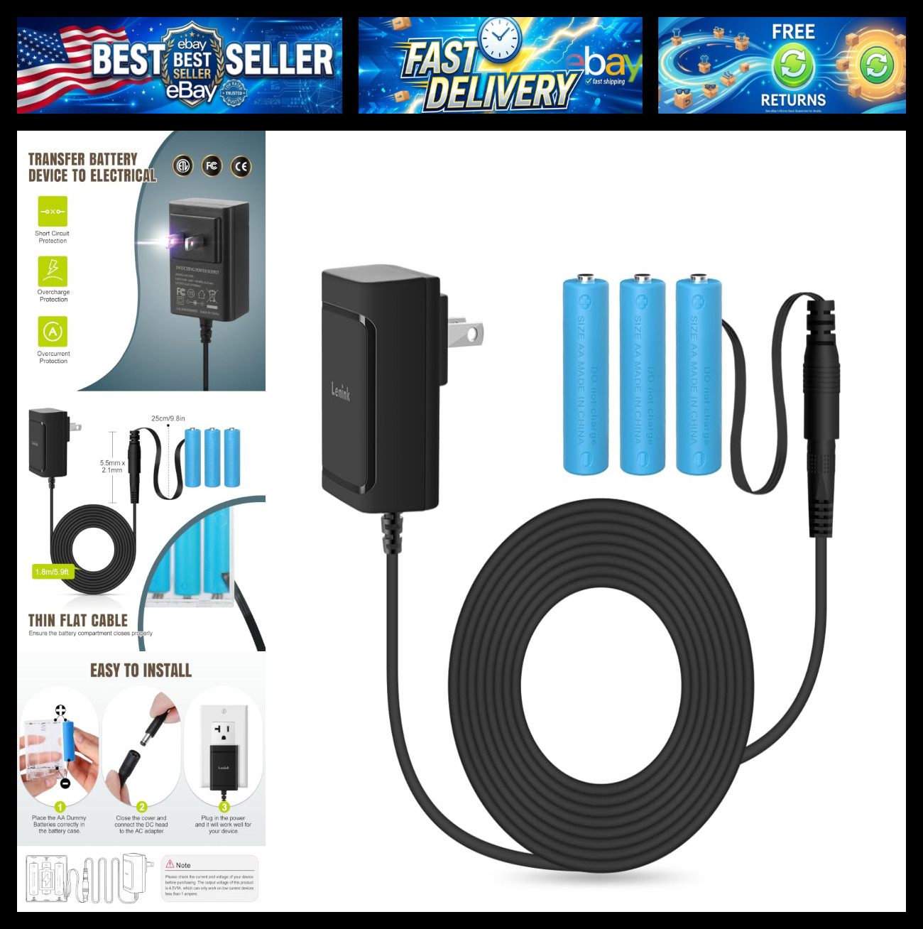 Power Supply Adapter, Transfer 3 AA Batteries to Electrical, Black