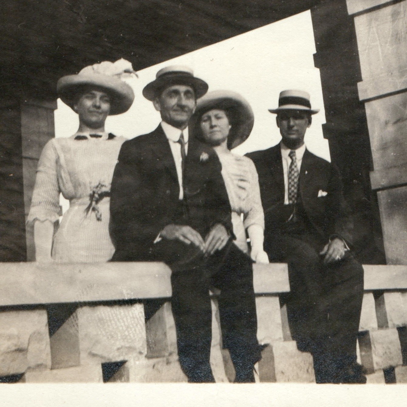 c1910s Boater Hats Stone Porch Balustrade Snapshot Photo Double Date Couple Suit