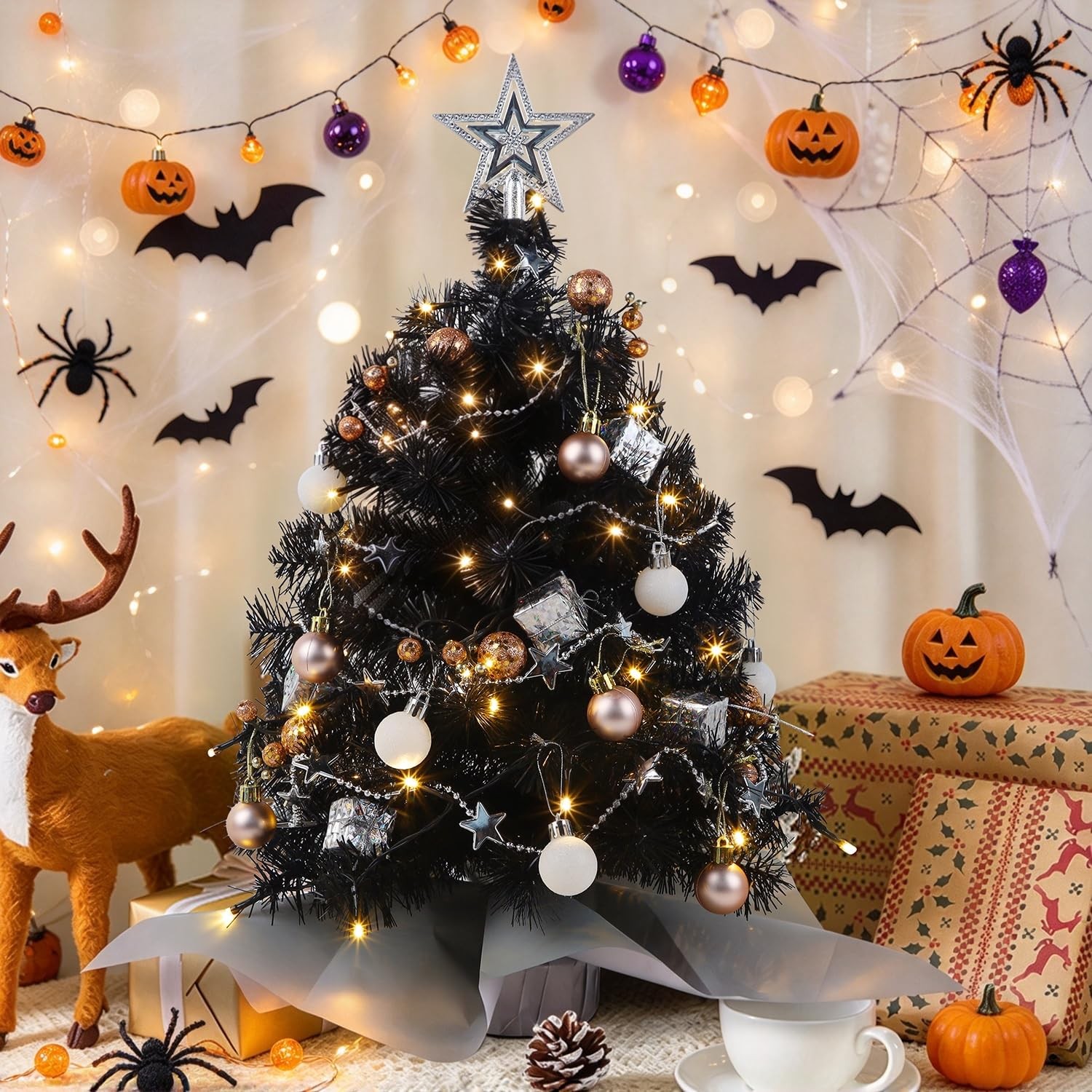 Juegoal Black Mini Christmas Tree, 24 Inch/2 FT Lighted Tabletop Artificial
