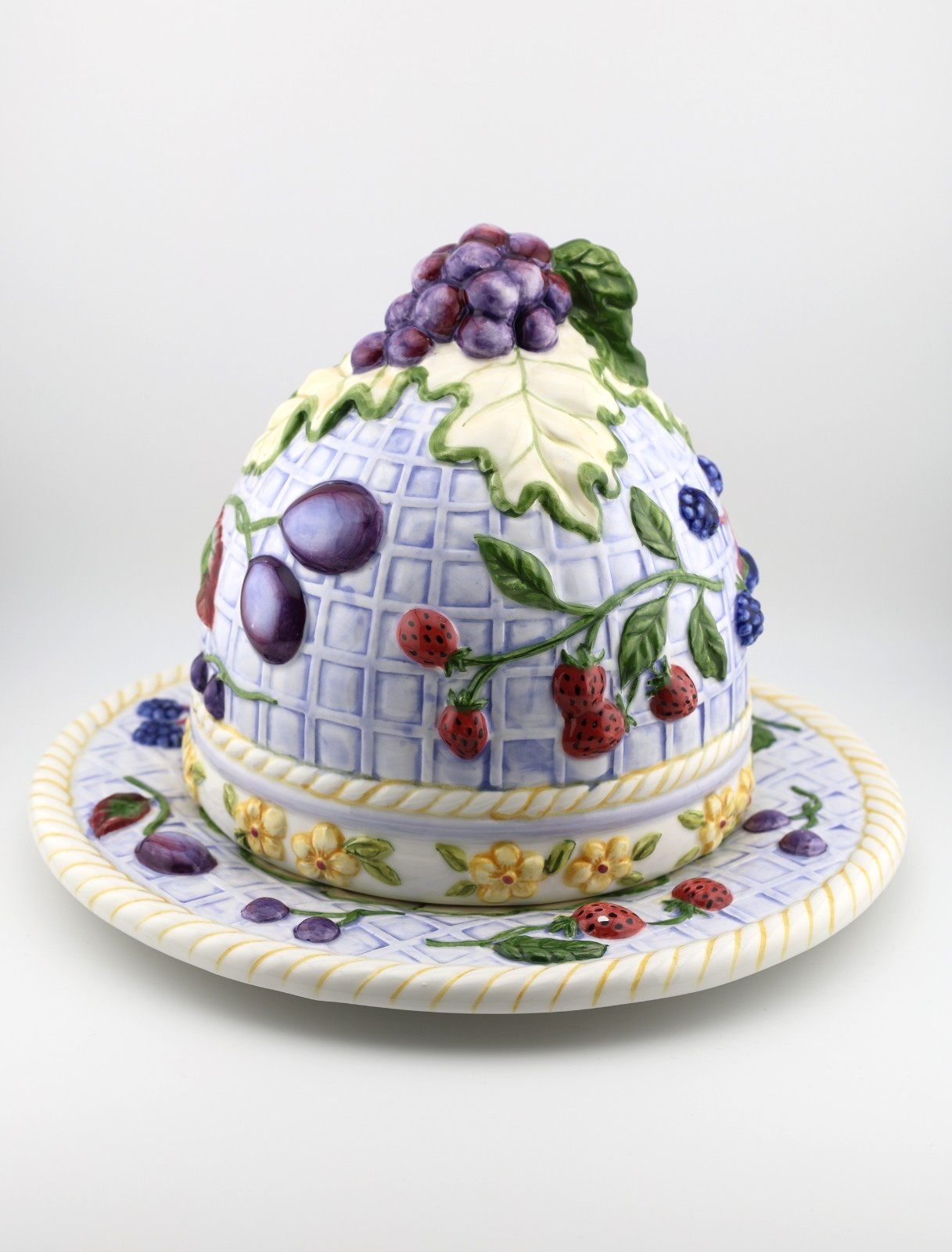 One of a Kind Rare Vintage Ceramic Fruit Dome & Plate, Raised Grapes Strawberrie