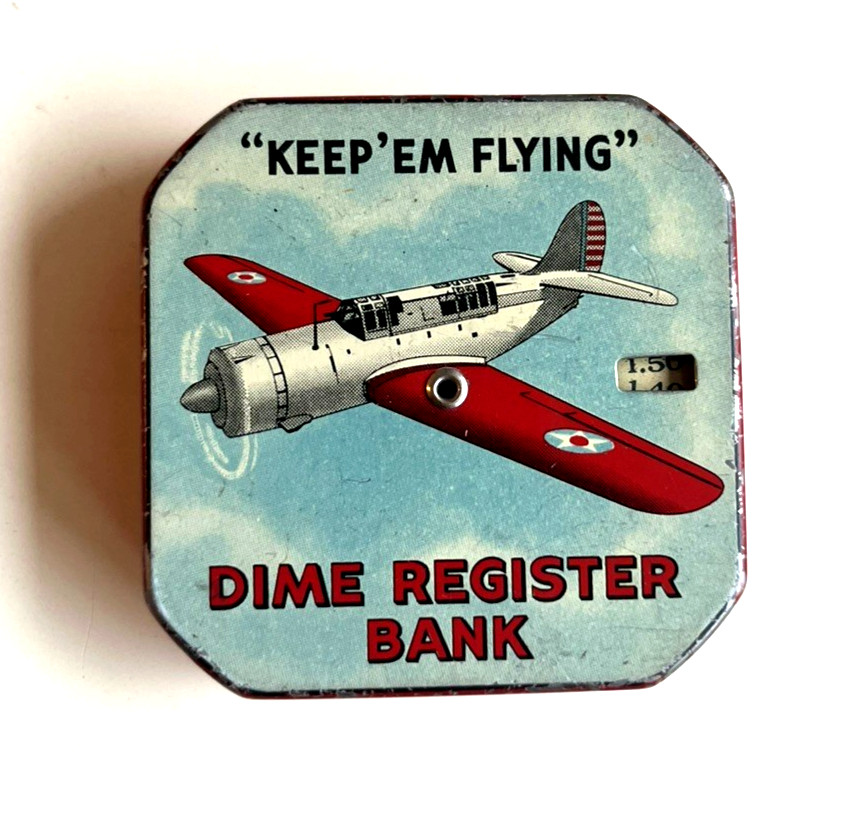 Vintage Keep’Em Flying Dime Bank Toy WWII Era. Scarce red/blue back version. 