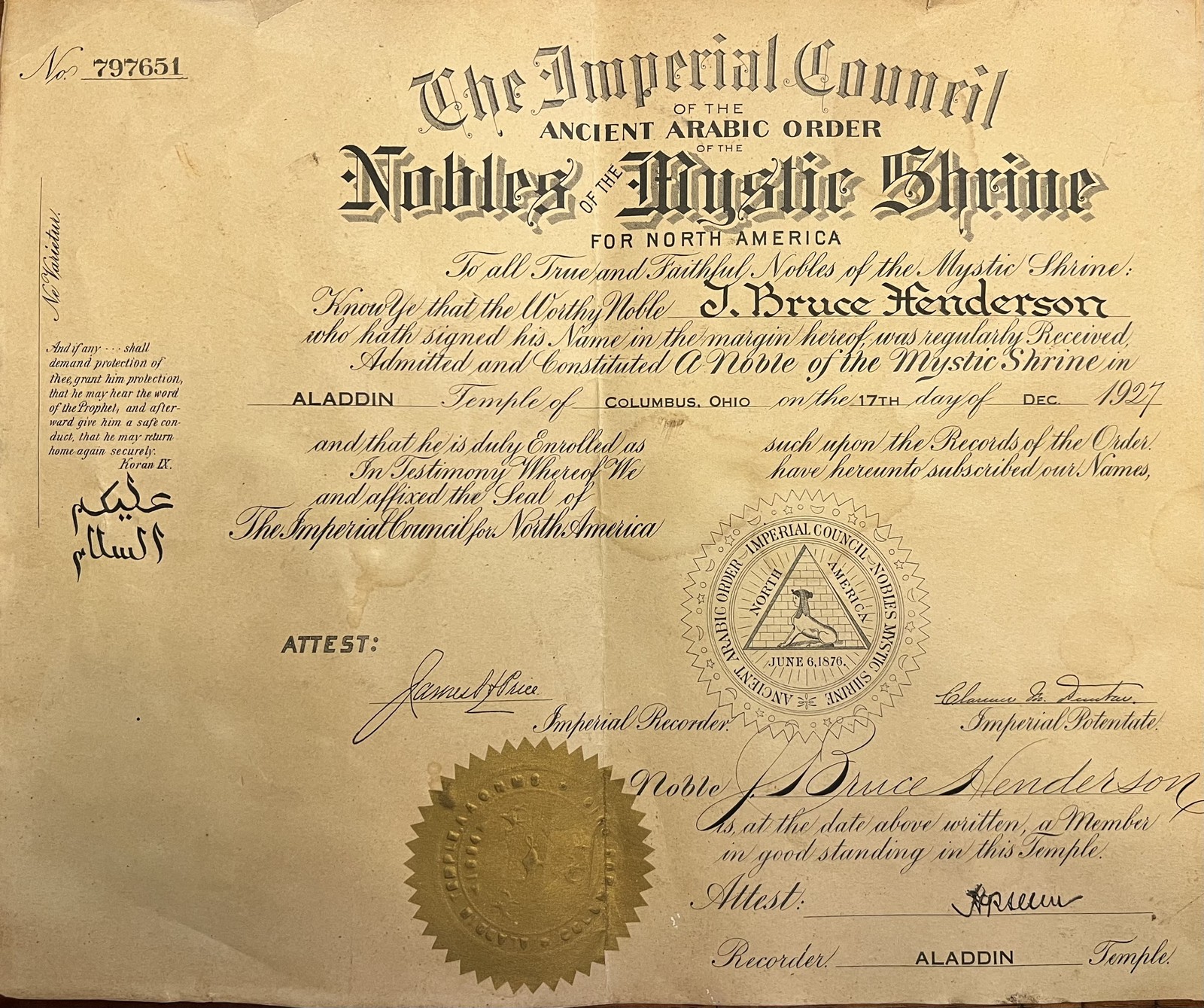 1927 Shriners A.A.O.N.M.S. Aladdin Temple Columbus Ohio Membership Certificate