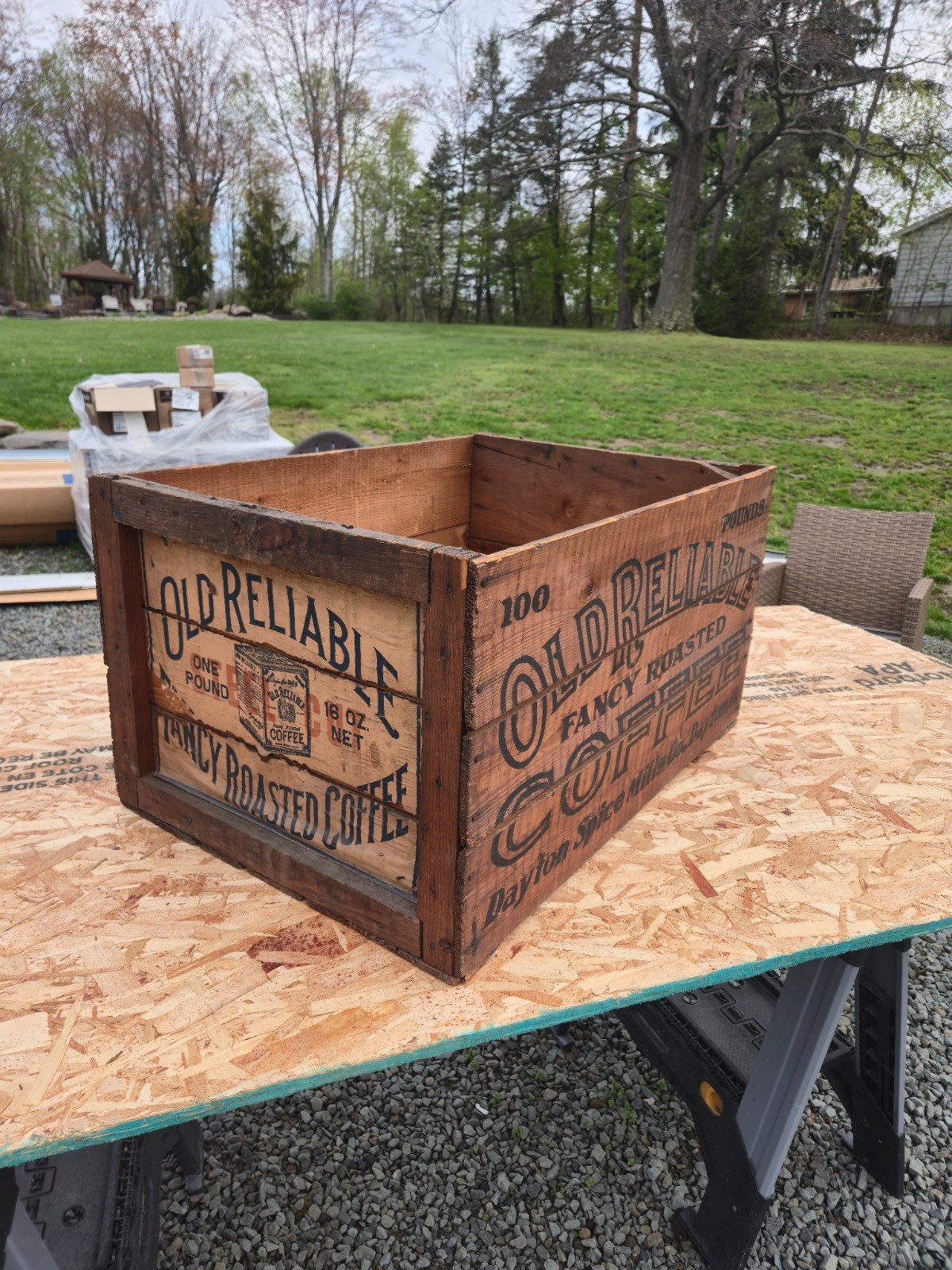 Antique Old Reliable Coffee Wooden Crate Dayton Spice Mills Advertising 100 lb