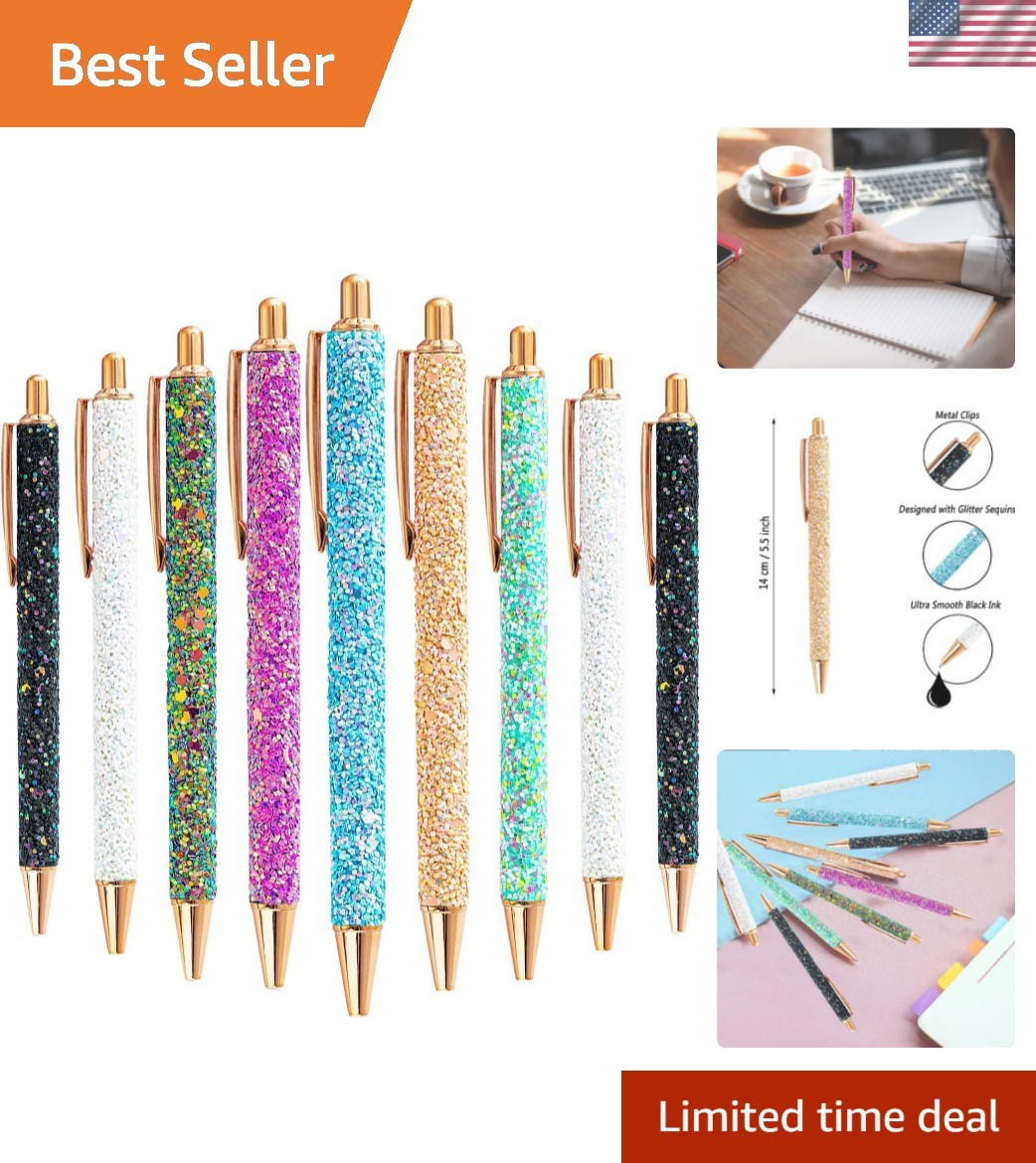 Chic 9-Piece Glitter Ballpoint Pen Set for Stylish Journaling - Black Ink