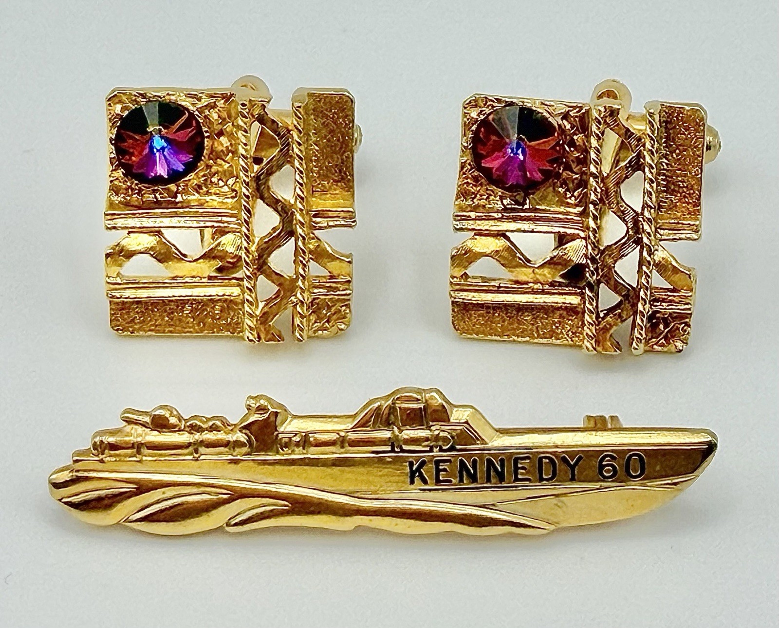⭐️ RARE JFK PT-109 CAMPAIGN PIN & MATCHING CUFFLINKS PRESIDENT KENNEDY ⭐️