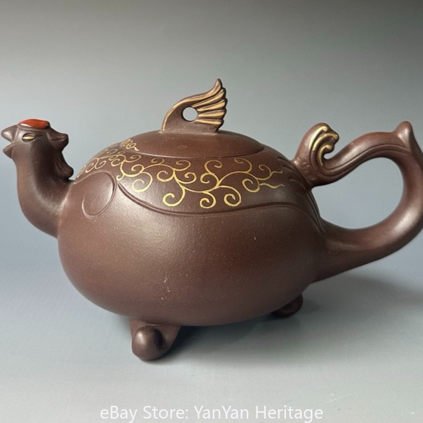 Handmade Yixing Zisha Teapot, Vintage Phoenix Form, Wing Lid Knob & Tail Handle