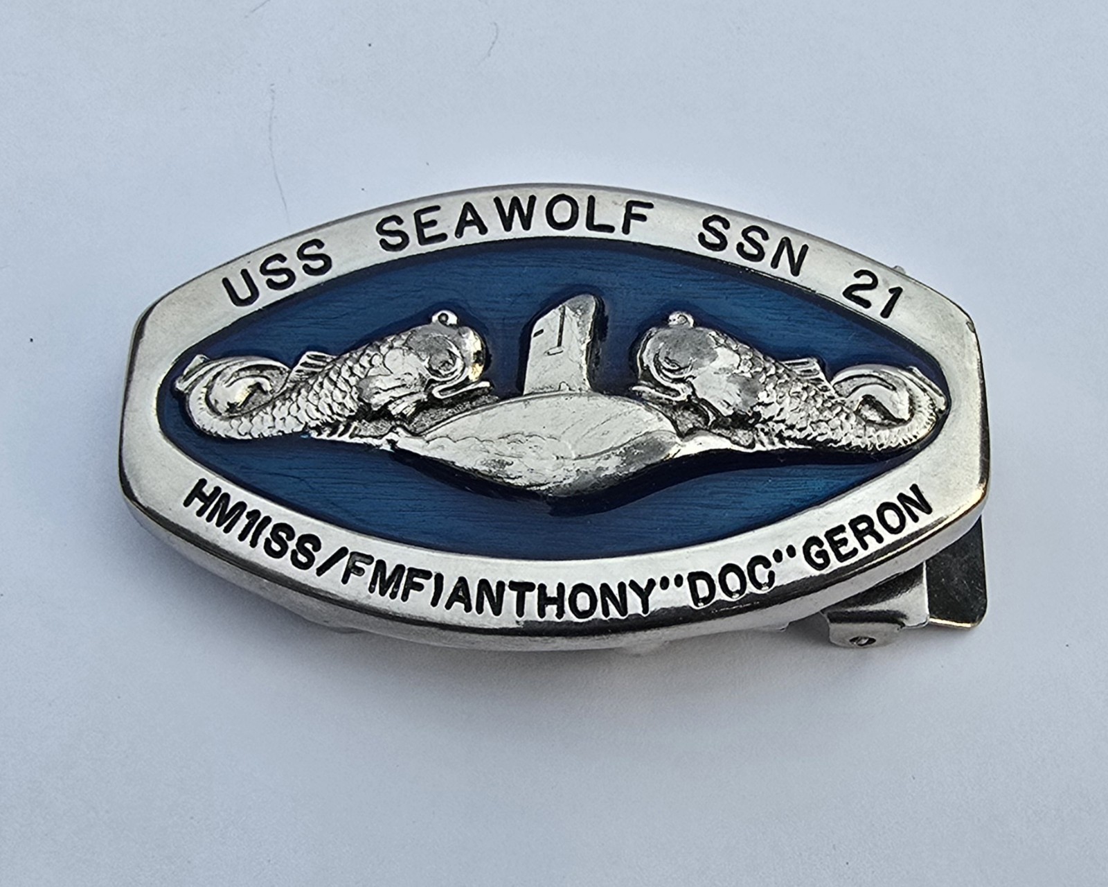 US Navy USS Seawolf SSN-21 Belt Buckle HM1(SS/FMF) Submarine Dolphins Vintage 