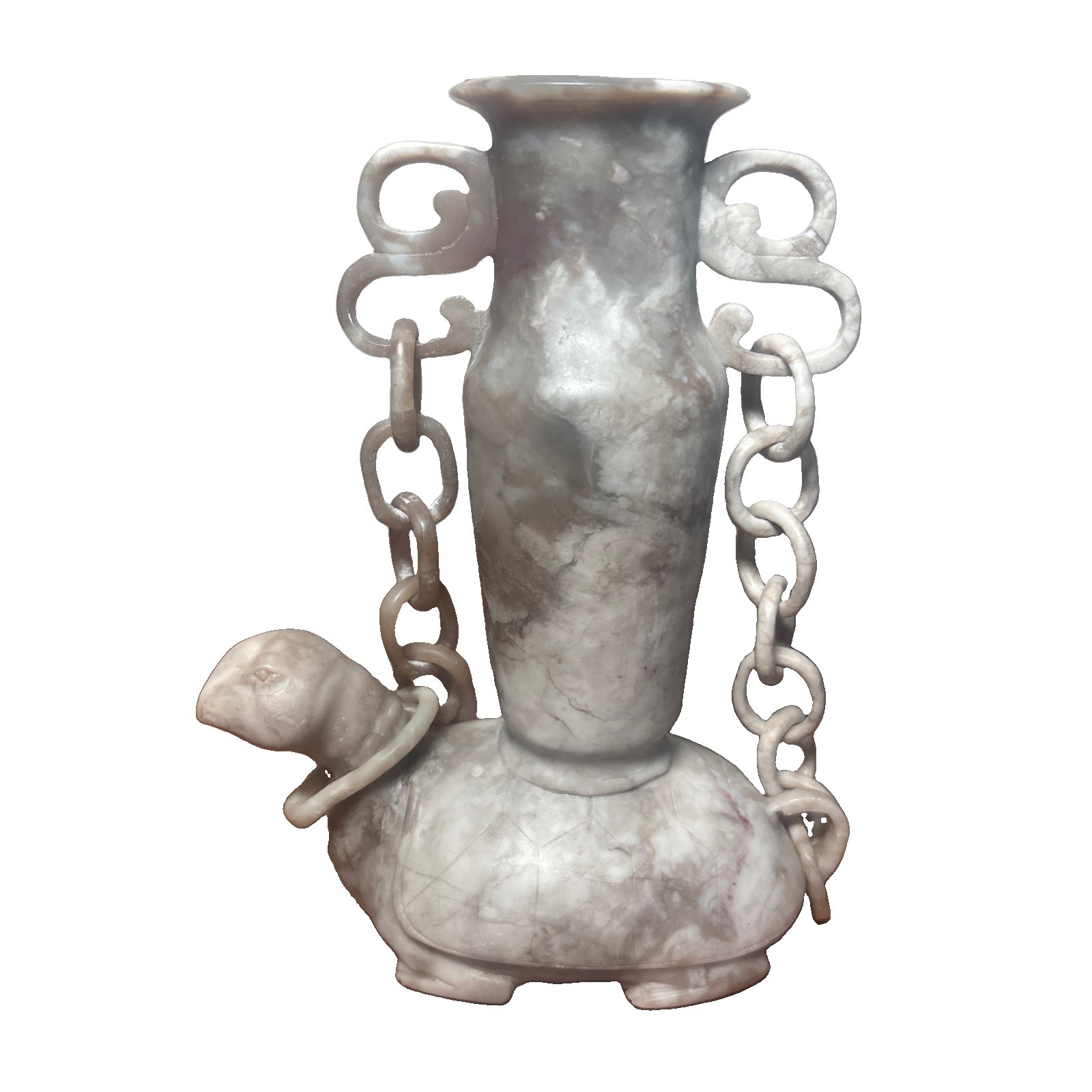 Vintage Chinese Carved Grey Marble Onyx Scholar Desk Turtle Vase Loose Chain 6”