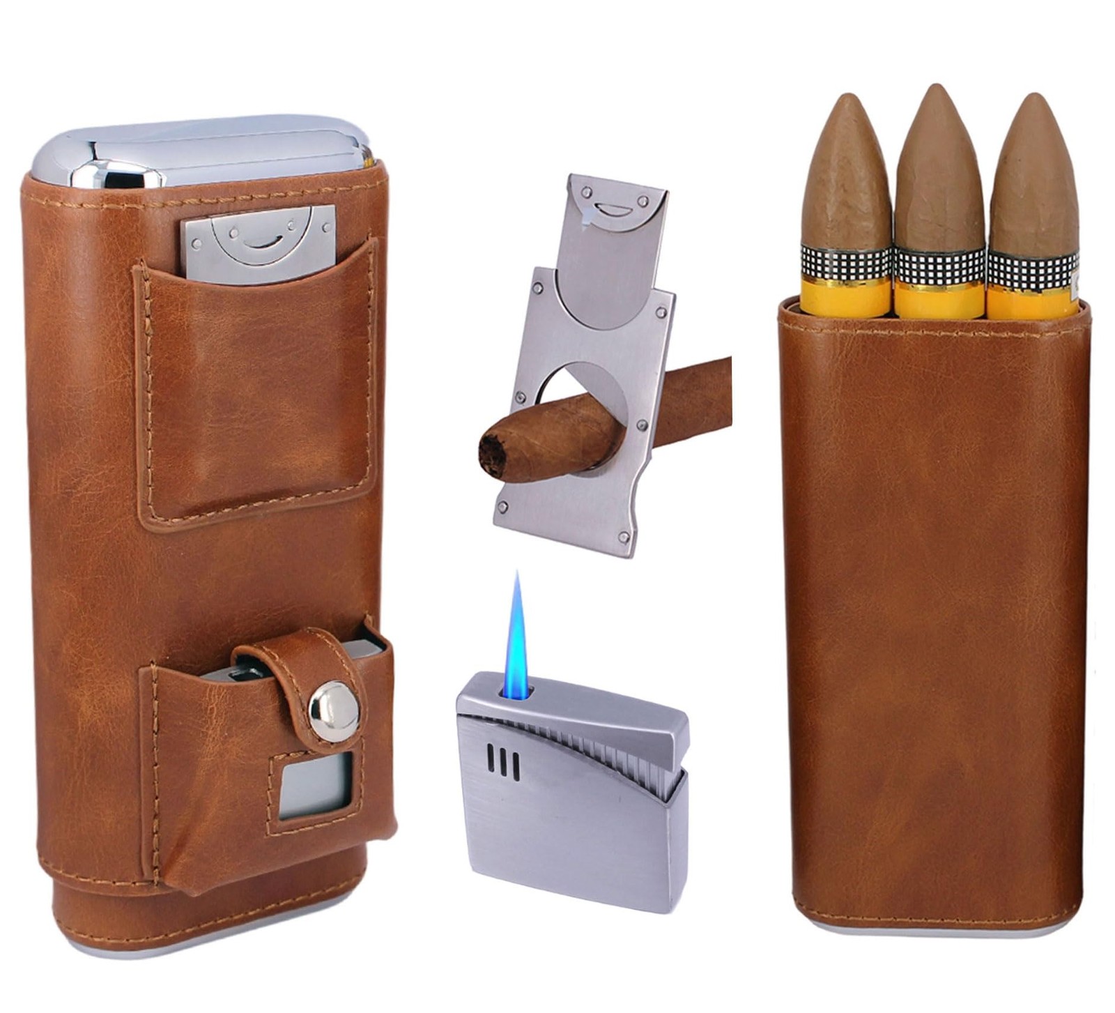 AMANCY Deluxe Portable 3 Holder Cigar Case Set With 3 Piece Set, brown