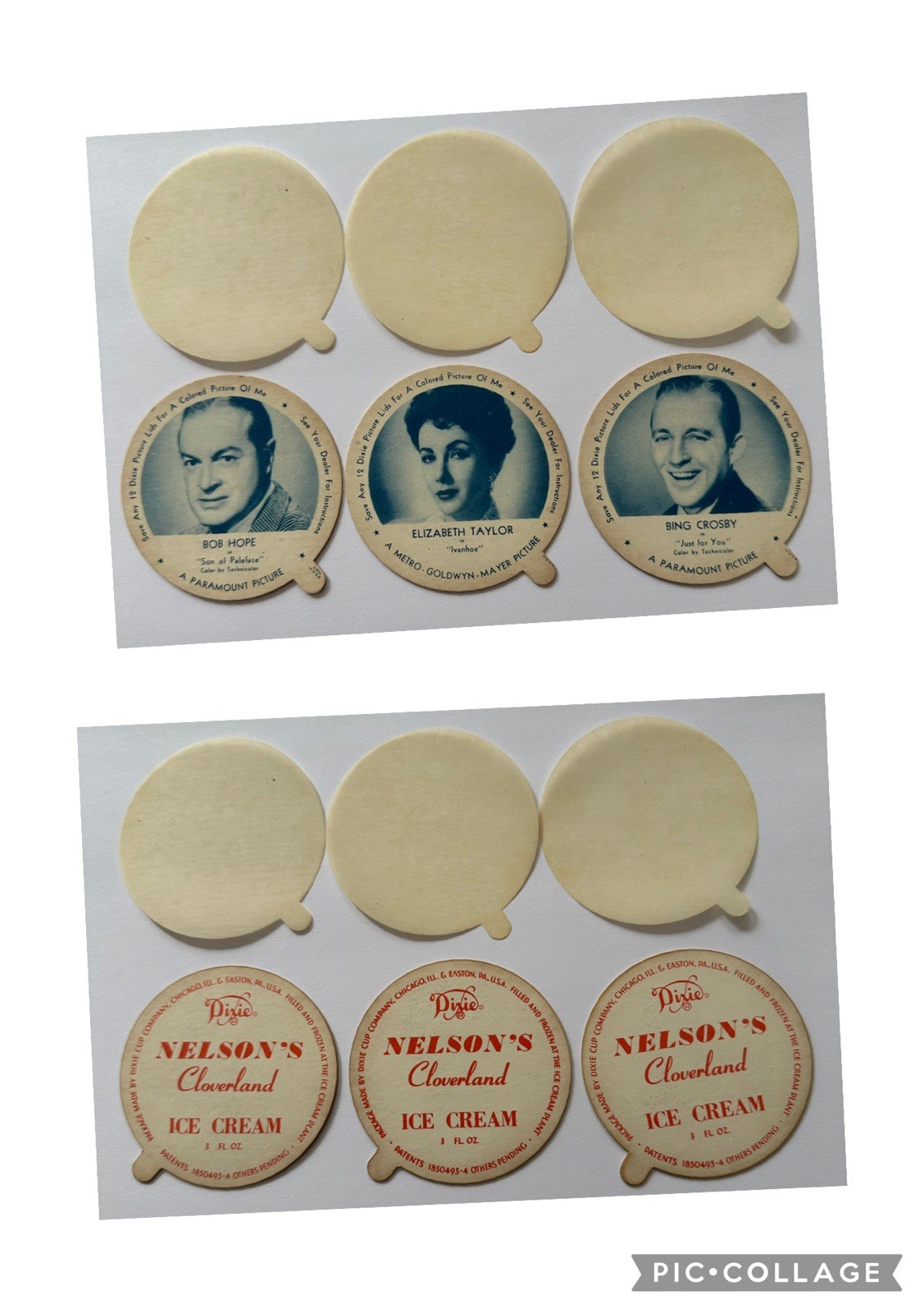 1952 Dixie Cup Lids Nelson’s Cloverland Ice Cream Taylor Hope Crosby Movie Stars