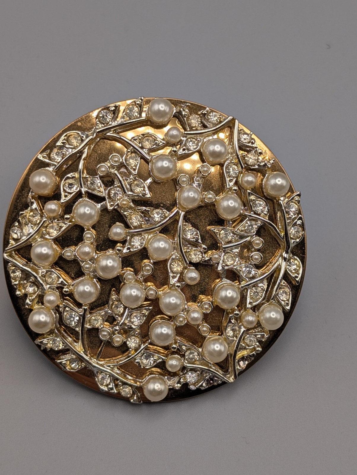 Vintage Majestic Lipstick Holder Compact Mirror Gold Tone Rhinestone Pearl