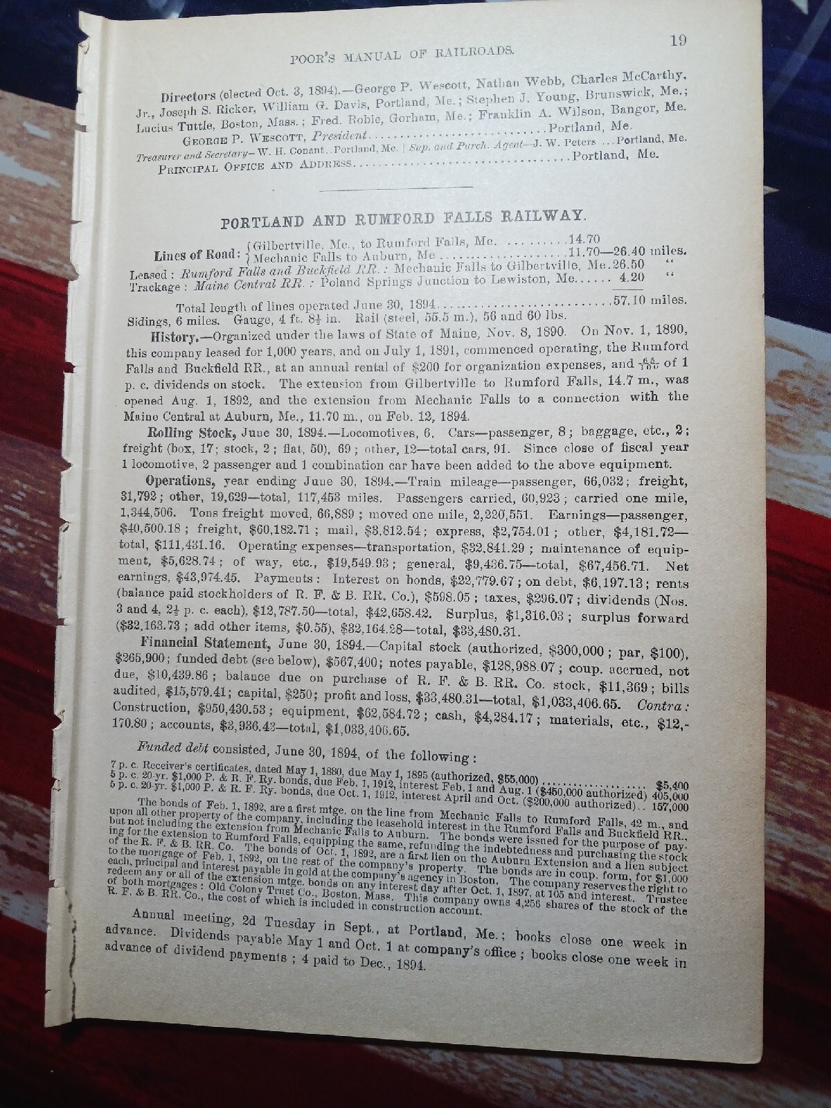 ☆1895 train report PORTLAND & RUMFORD FALLS RAILROAD Auburn Gilbertville Maine