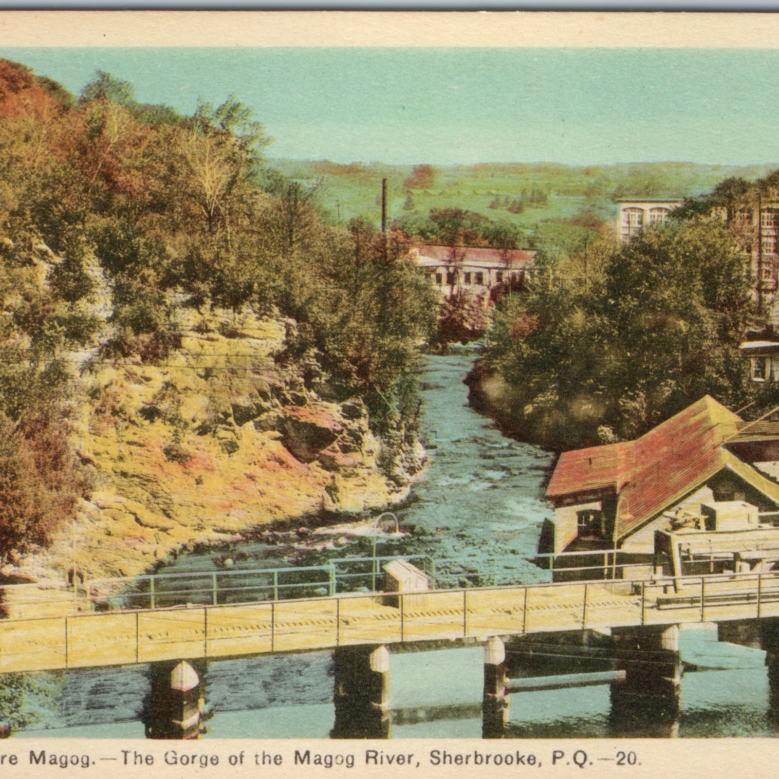c1930s Sherbrooke, PQ Canada Gorge Magog River Dam Postcard Bridge Water Tower