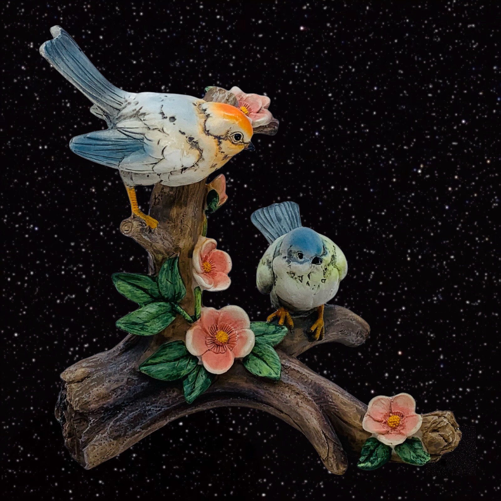 Vintage Resin Two Birds Sitting On Tree with Flowers Decor Figure 7”