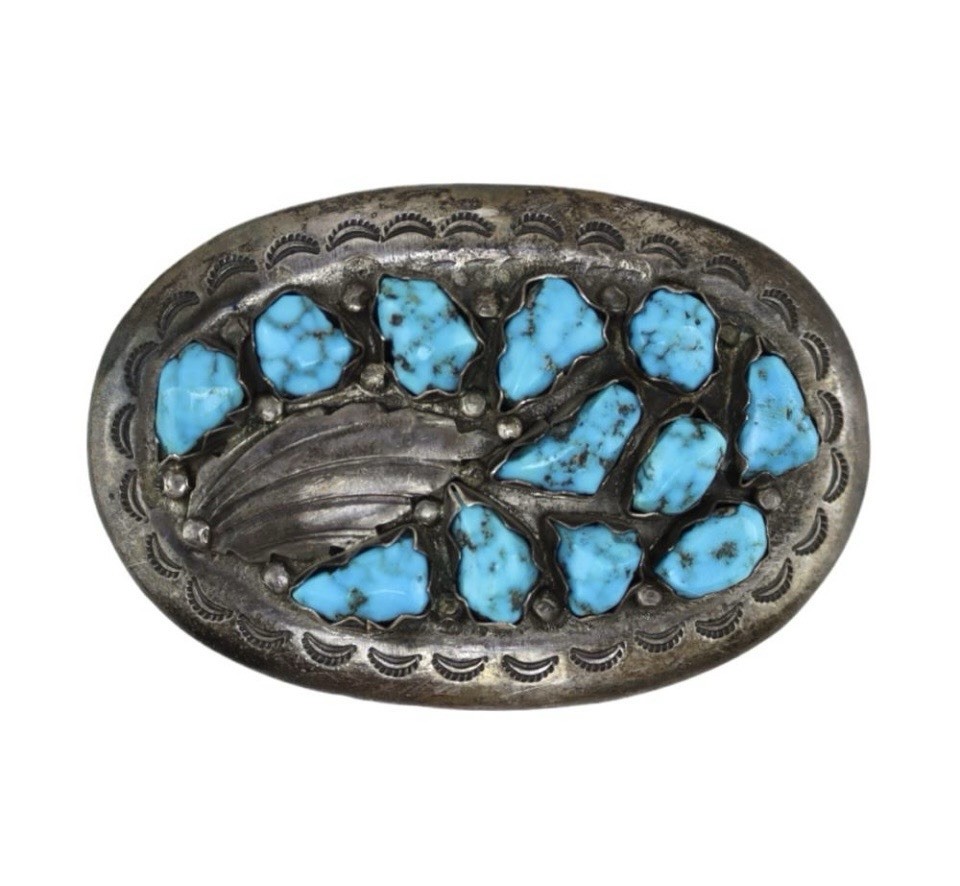 Effie Calavasa-Zuni Nugget Turquoise And Sterling Silver Belt Buckle