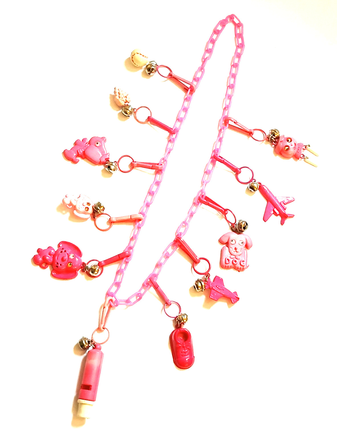 Vintage 80s Charm Necklace with Pink Link Chain and 11 Clip Charms Smoke Free #2