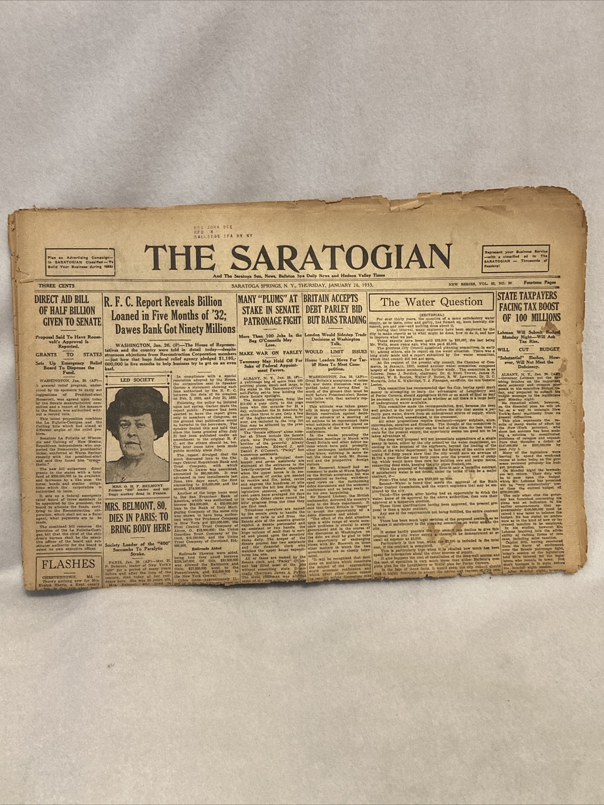January 26, 1933 The Saratogian Newspaper *RARE*
