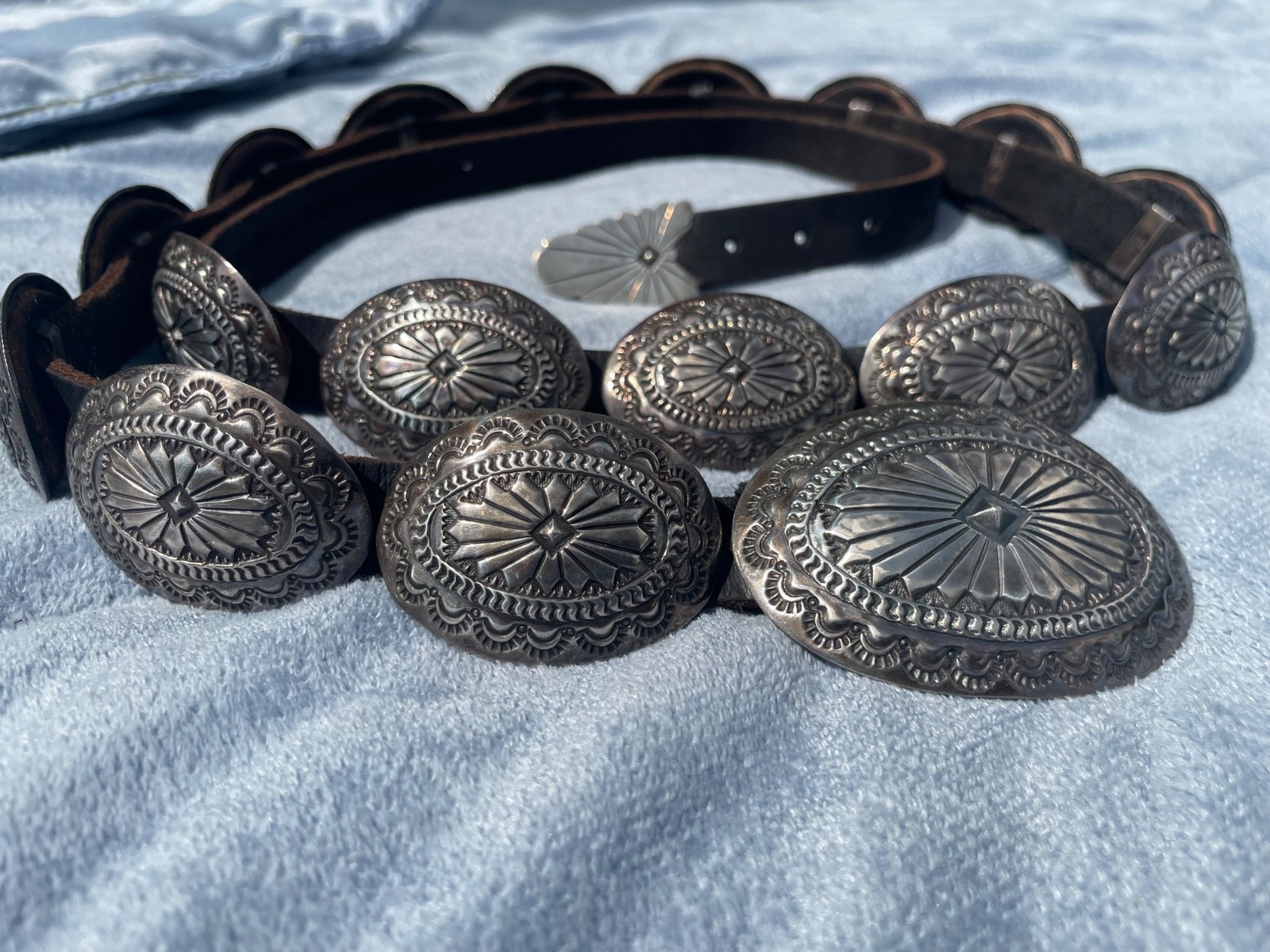 Vintage Navajo Leonard Maloney Sterling Silver Concho Belt 45.5” Authentic 16pc
