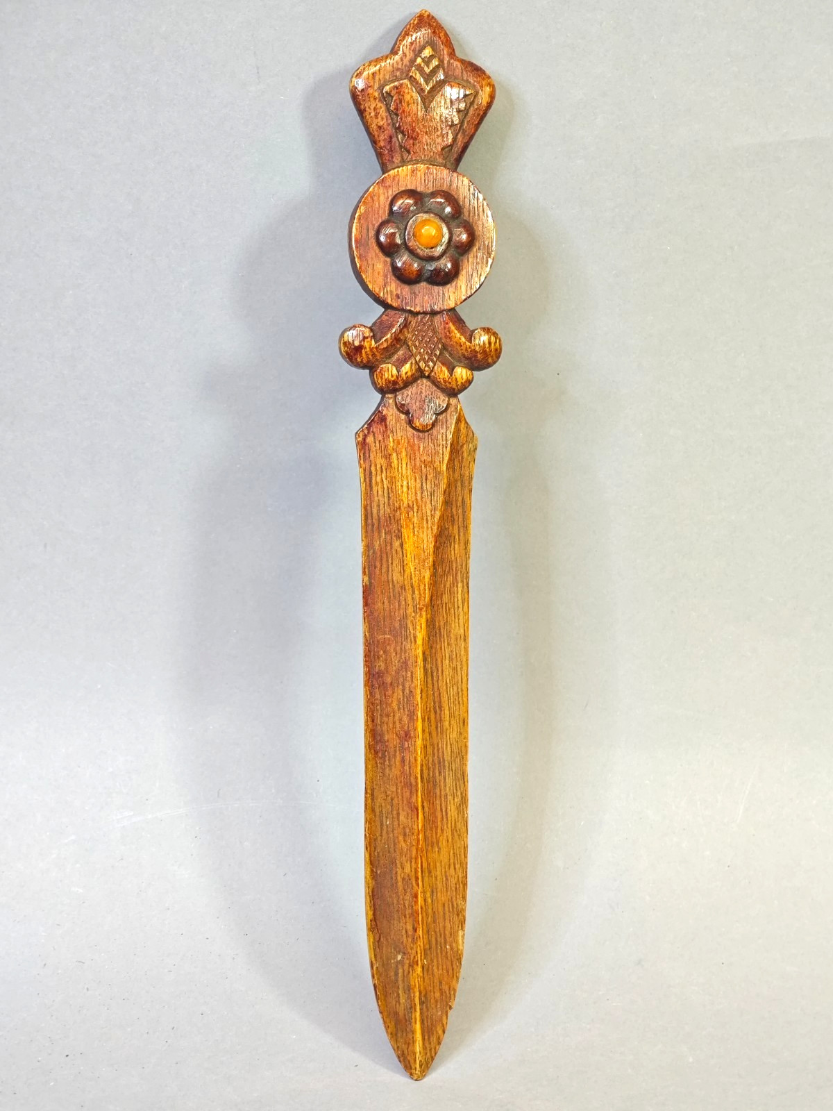 Antique 1920s Latvia Hand Carved Oak Letter Opener Natural Baltic Amber art