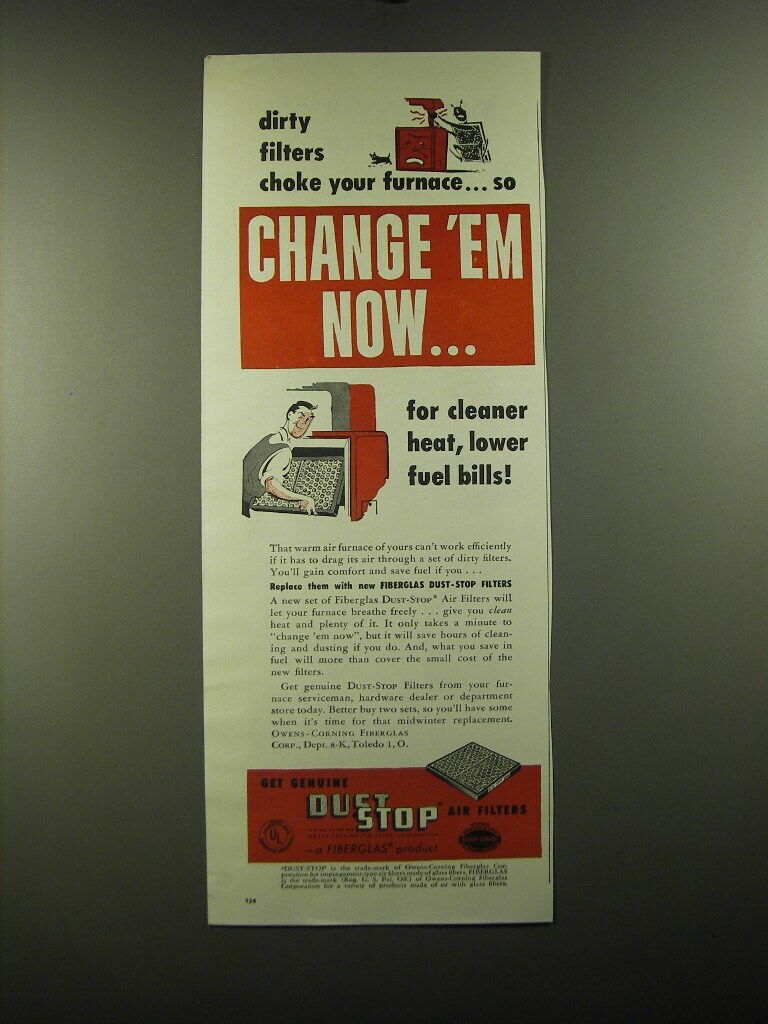 1950 Owens-Corning Fiberglas Dust Stop Air Filters Ad - Dirty filters choke