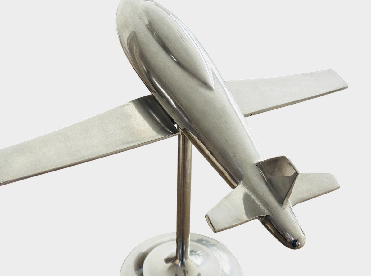 Large Vintage Heavy Aluminum Metal Model Jet Plane on Stand 15 Inches high.