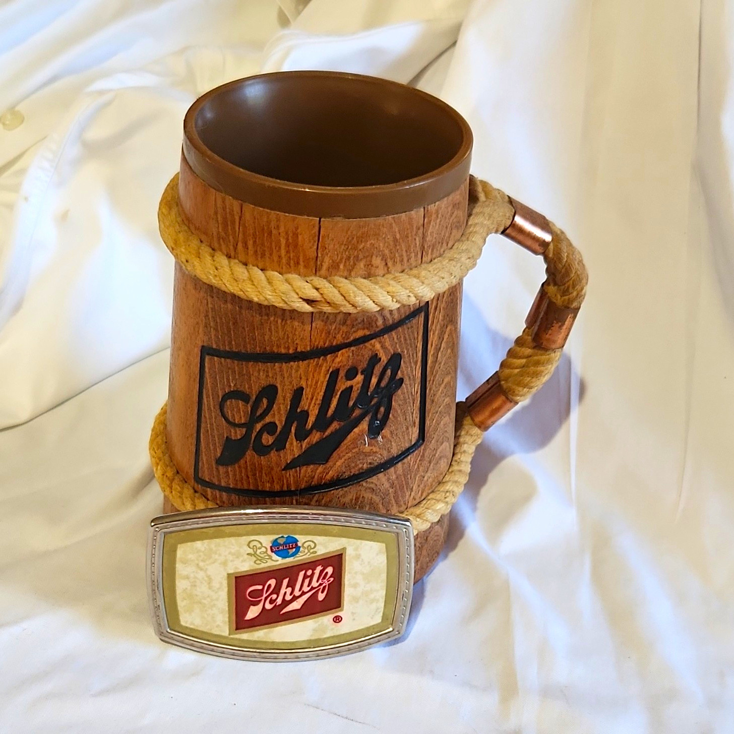 Schlitz Vintage Wooden Beer Mug Rope Handle w/ Removable Insert & Belt Buckle