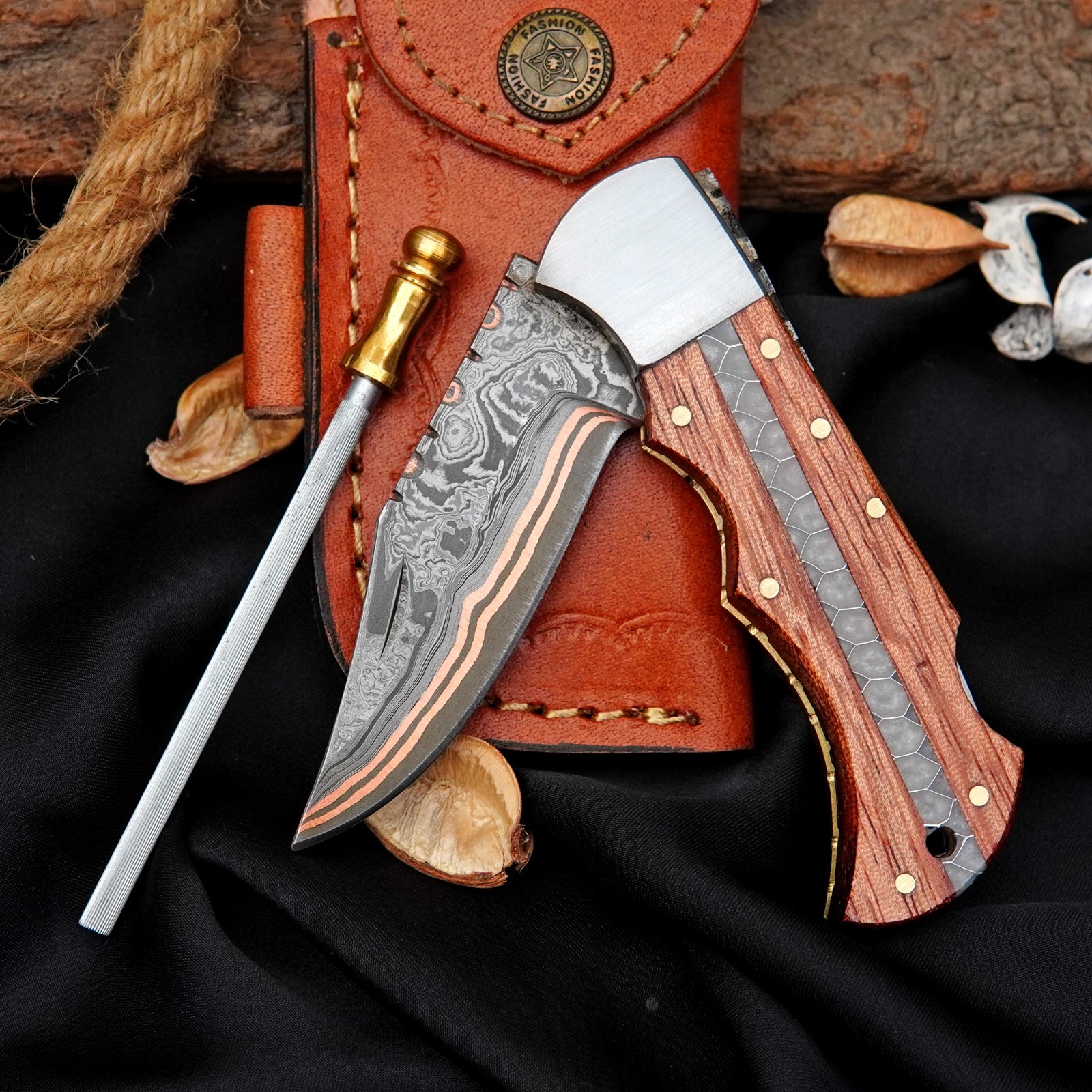 Copper Damascus Pocket Knife African Wood Handle Handmade Folding Knife & Sheath