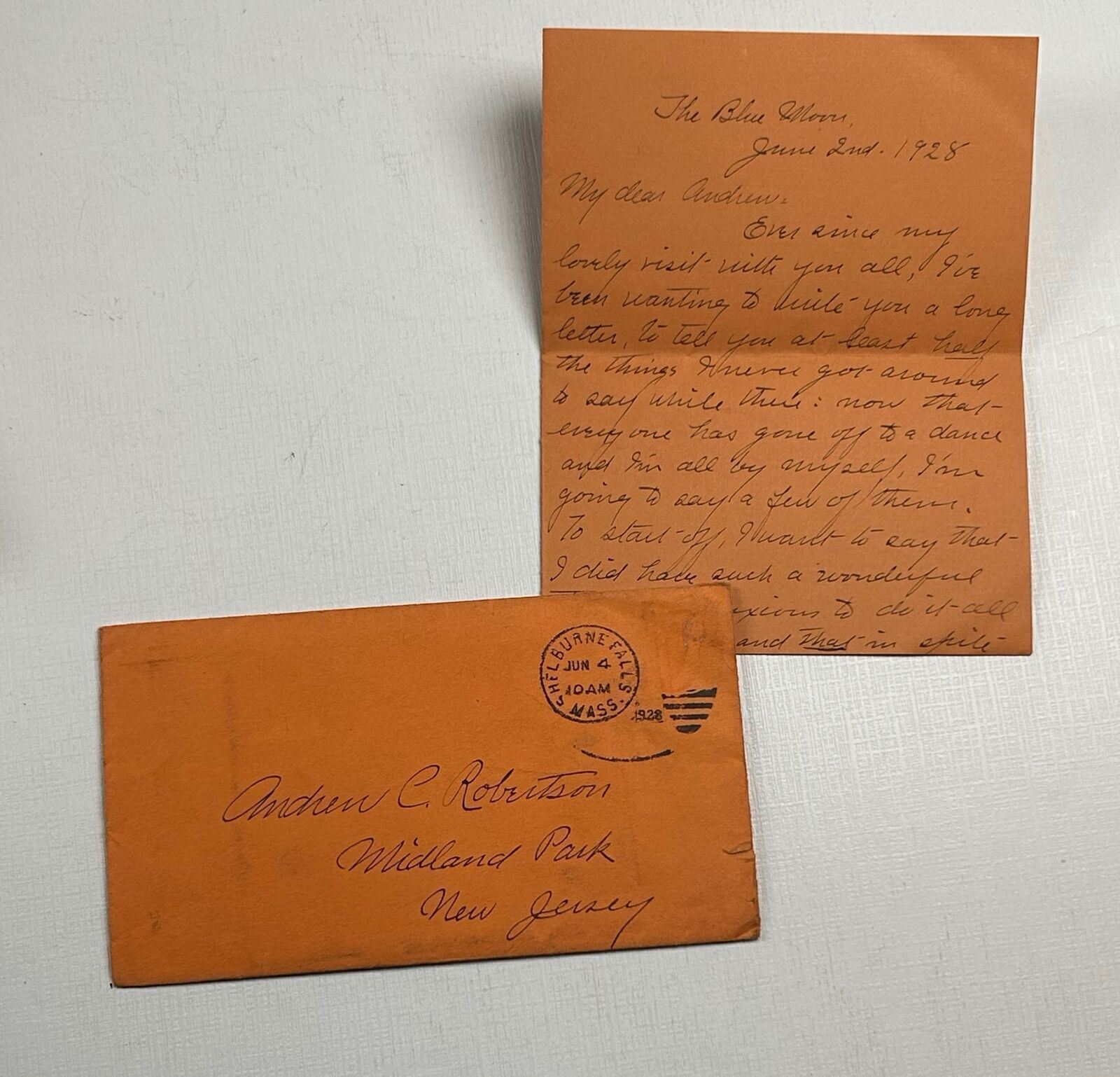 Vintage Letter The Blue Moon Shelburne Falls MA 1928