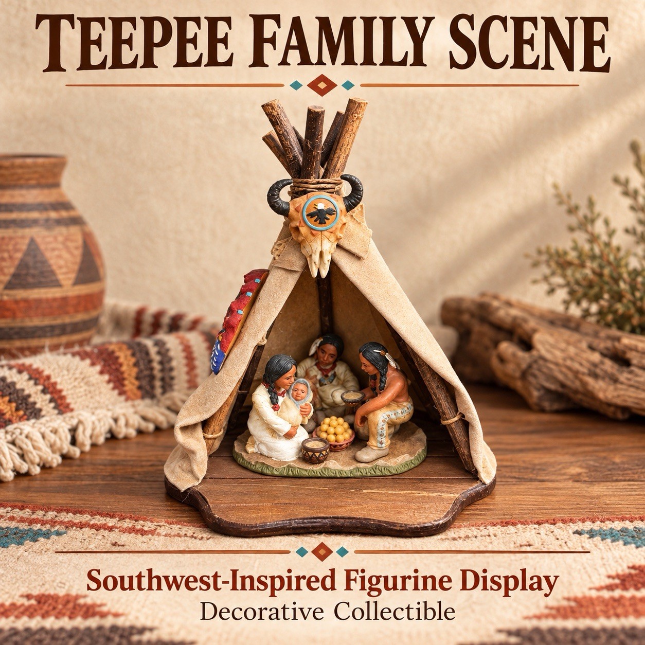 Vintage Decorative Native Indian Wood Leather Teepee. Family of 5 with child.
