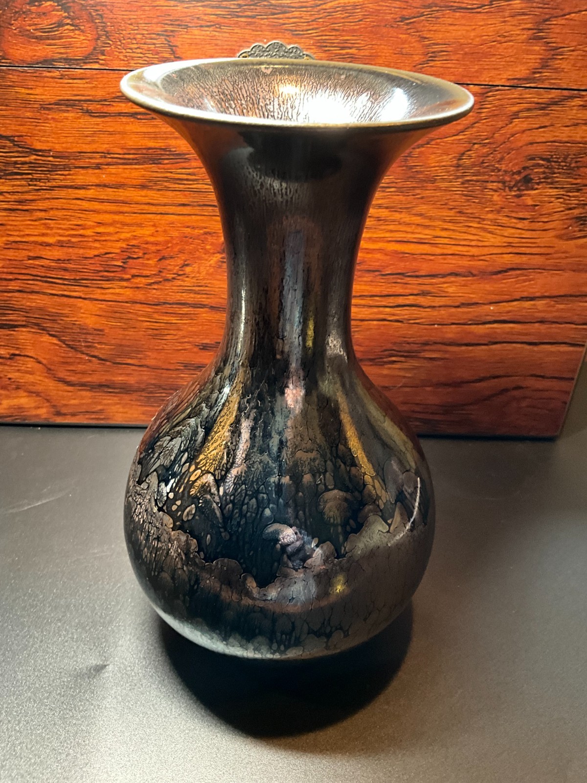Authentic Jianzhan Vase By Master Huang Wenhua Flower Pavillion Glaze Pattern