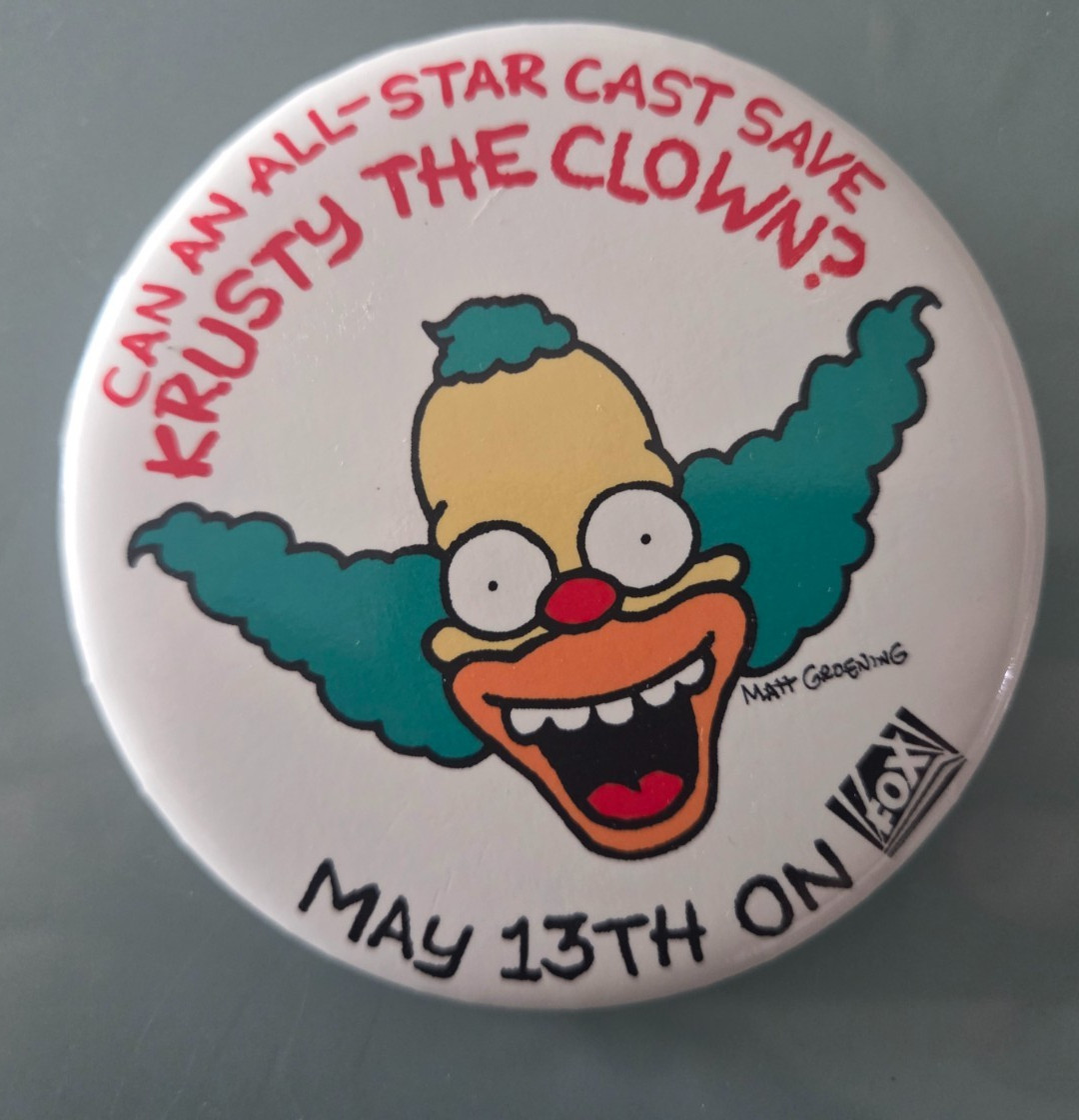 SIMPSONS PROMO BUTTON KRUSTY THE CLOWN VINTAGE 1993 FOX TV SERIES FINALE 3\