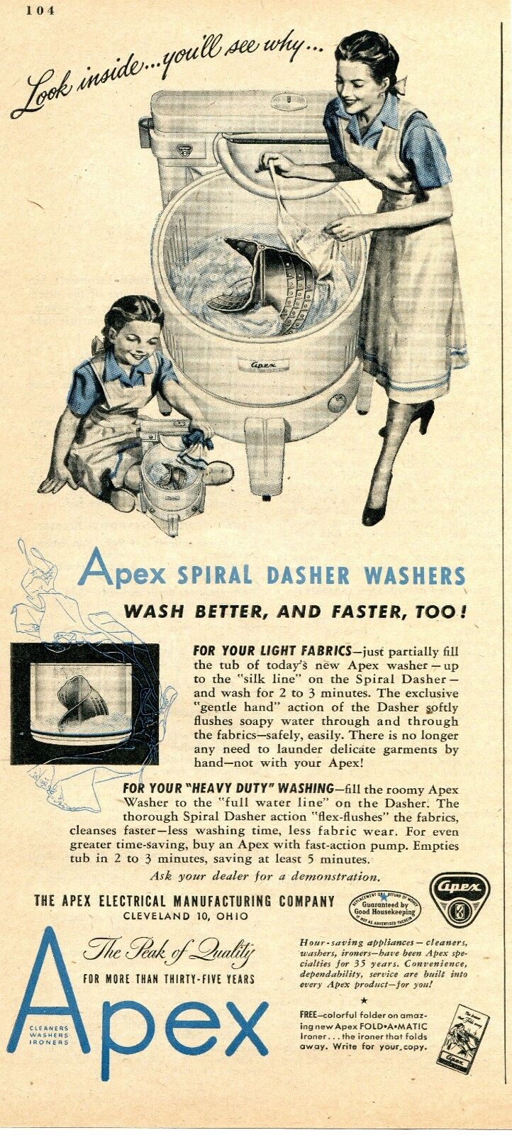 1948 Print Ad of Apex Spiral Dasher Washer Machine look inside... you'll see why