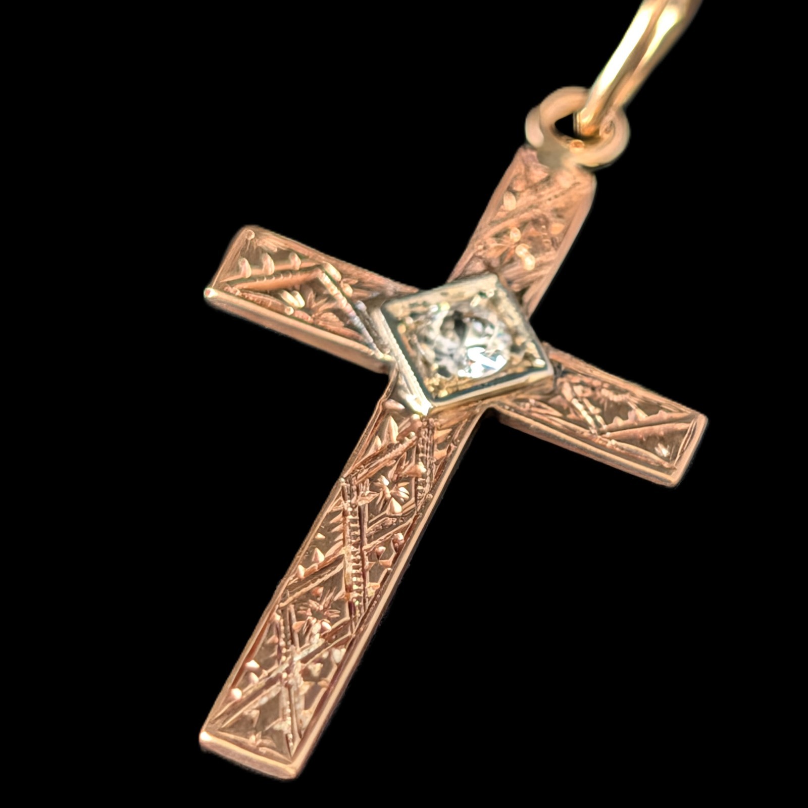 Vintage Diamond 14k Yellow Gold Cross Pendant Retro Floral Estate Floral Gift
