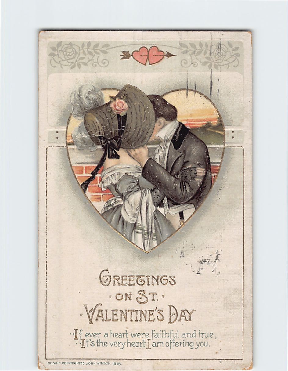 Postcard Antique 1915 John Winsch Valentines Day Couple Kissing Heart Bonnet