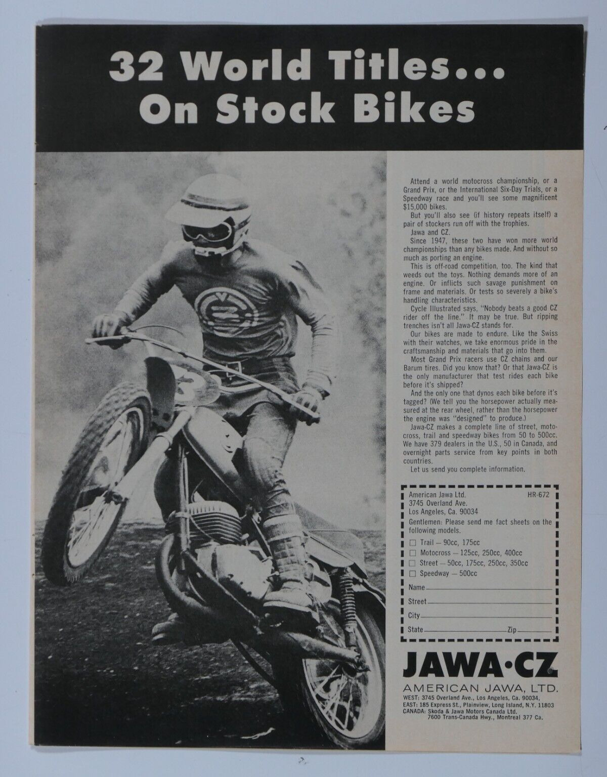 1972 Jawa CZ Vintage 32 World Titles Stock Bikes Original Print Ad 8.5 x 11\