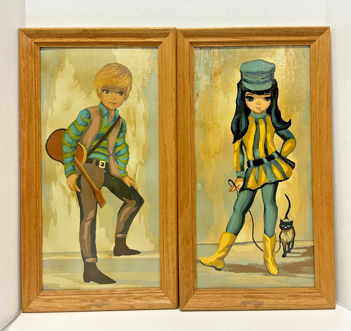 Rare Set MCM Vintage 1960s Big Eye Framed Go-Go Boy w/Guitar Girl w/ Cat