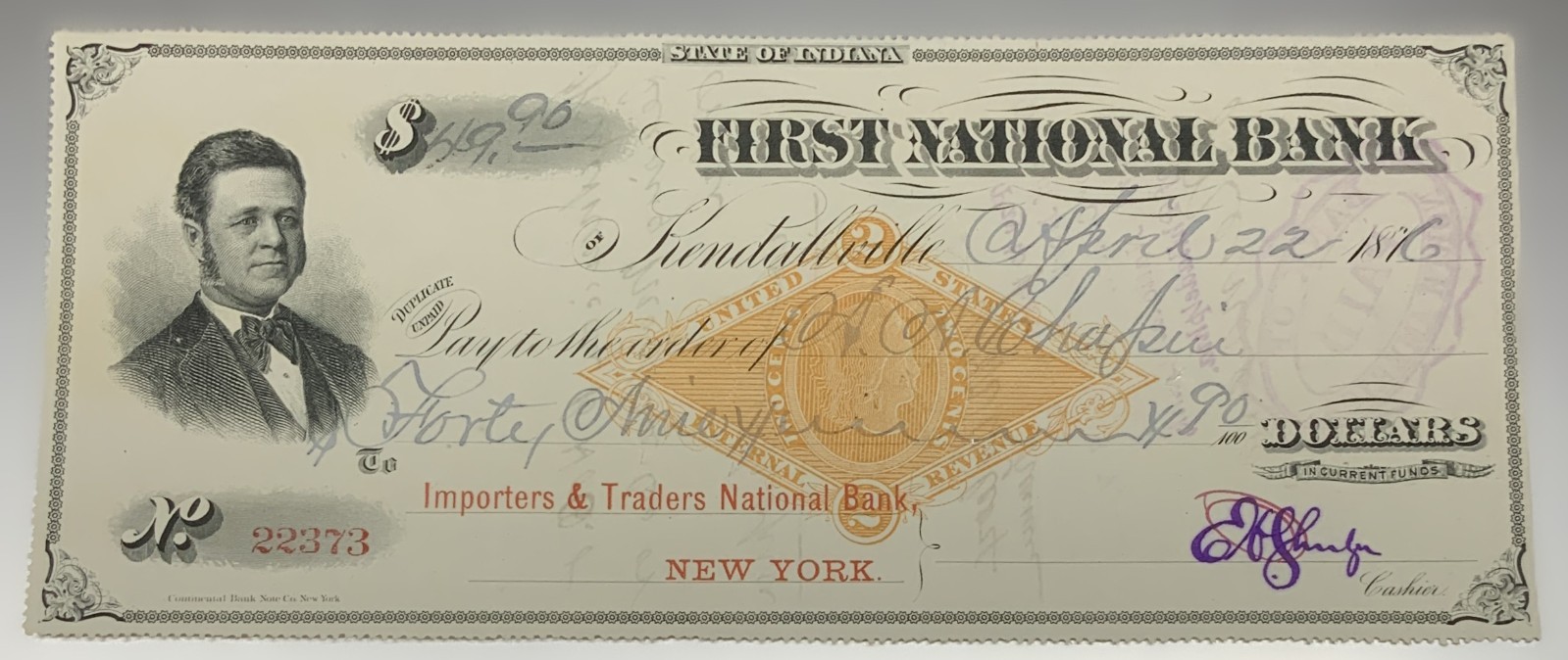 1876 State of Indiana Bank Draft $49.90 Revenue Stamp Importers Traders NY C2