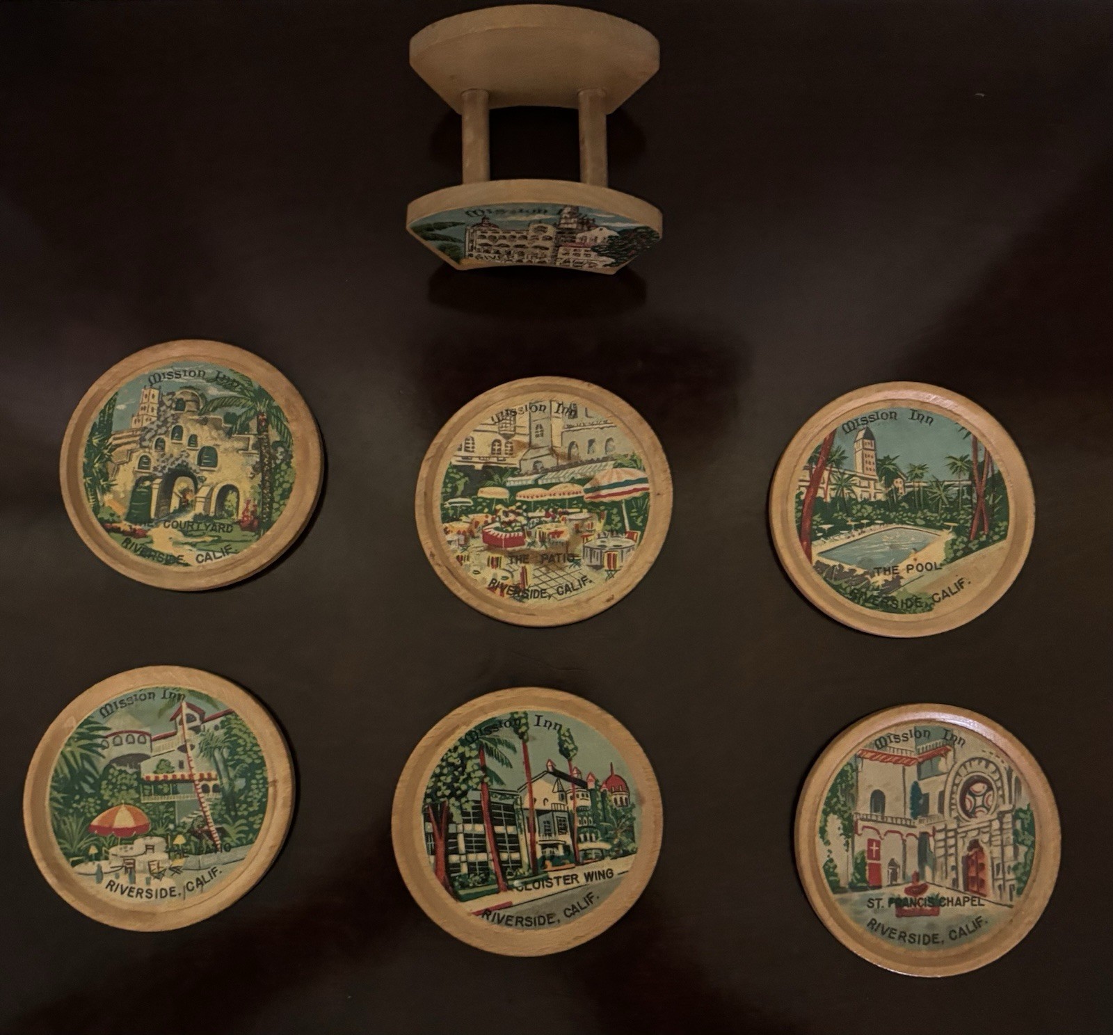 Vintage Mission Inn Riverside CA Wood Coaster Set Holder California Souvenir