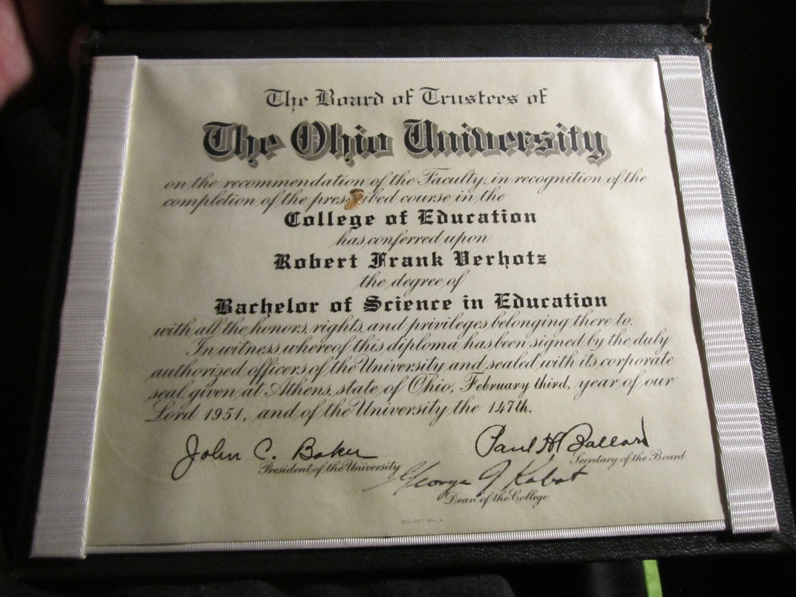 1951 OHIO UNIVERSITY DEGREE BACHELOR OF SCIENCE IN CASE BBA-40