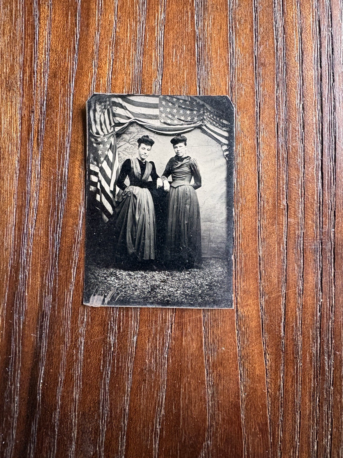 1870s Tintype Photo Antique Women With American Flag Bunting Memorial Day? Rare