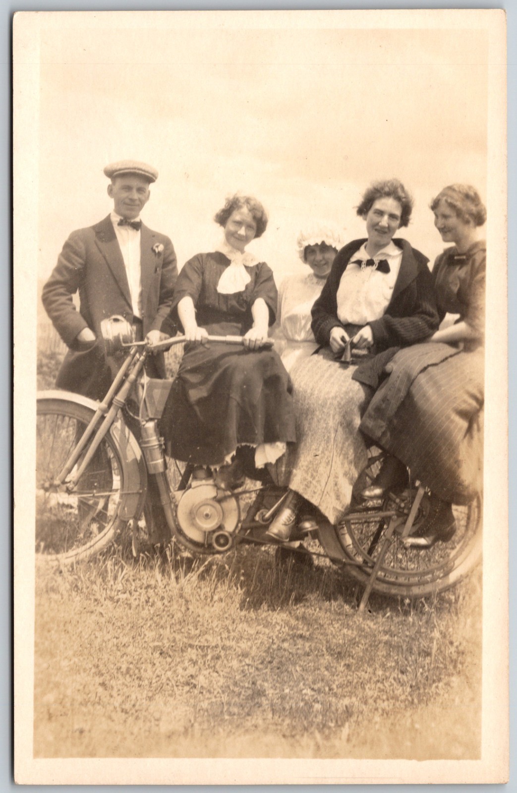 c1910 Group on Early Motorcycle Women Edwardian Dress ANTIQUE Postcard 10337