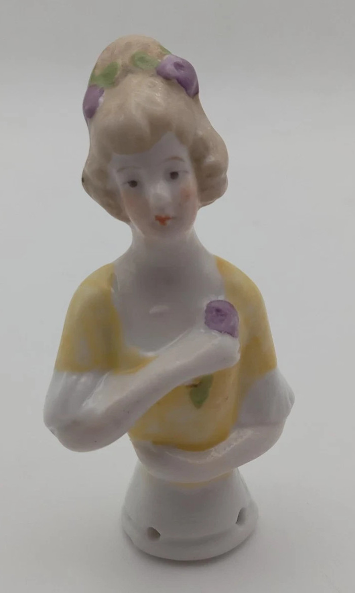 Antique 1920s German Porcelain Half Doll Pincushion Yellow Dress Purple Flower