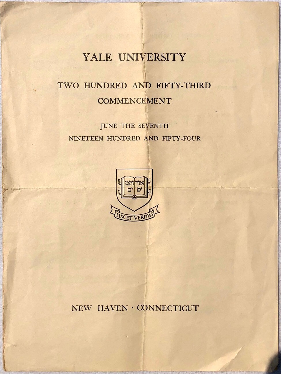 1954 Original YALE UNIVERSITY Two Hundred & Fifty Third Commencement Paper