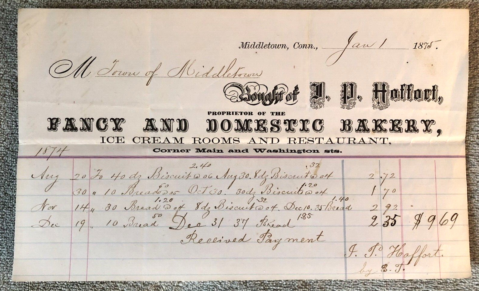 MIDDLETOWN CT 1875 BILLHEAD Fancy and Domestic Bakery, Ice Cream Rooms Main ST MIDDLETOWN CT 1875 BILLHEAD Fancy and Domestic Bakery, Ice Cream Rooms Main ST