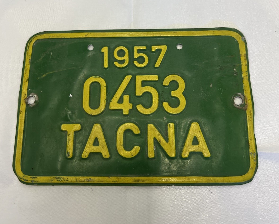 Peru Tacna Motorcycle Plate 1957  Vintage Tag
