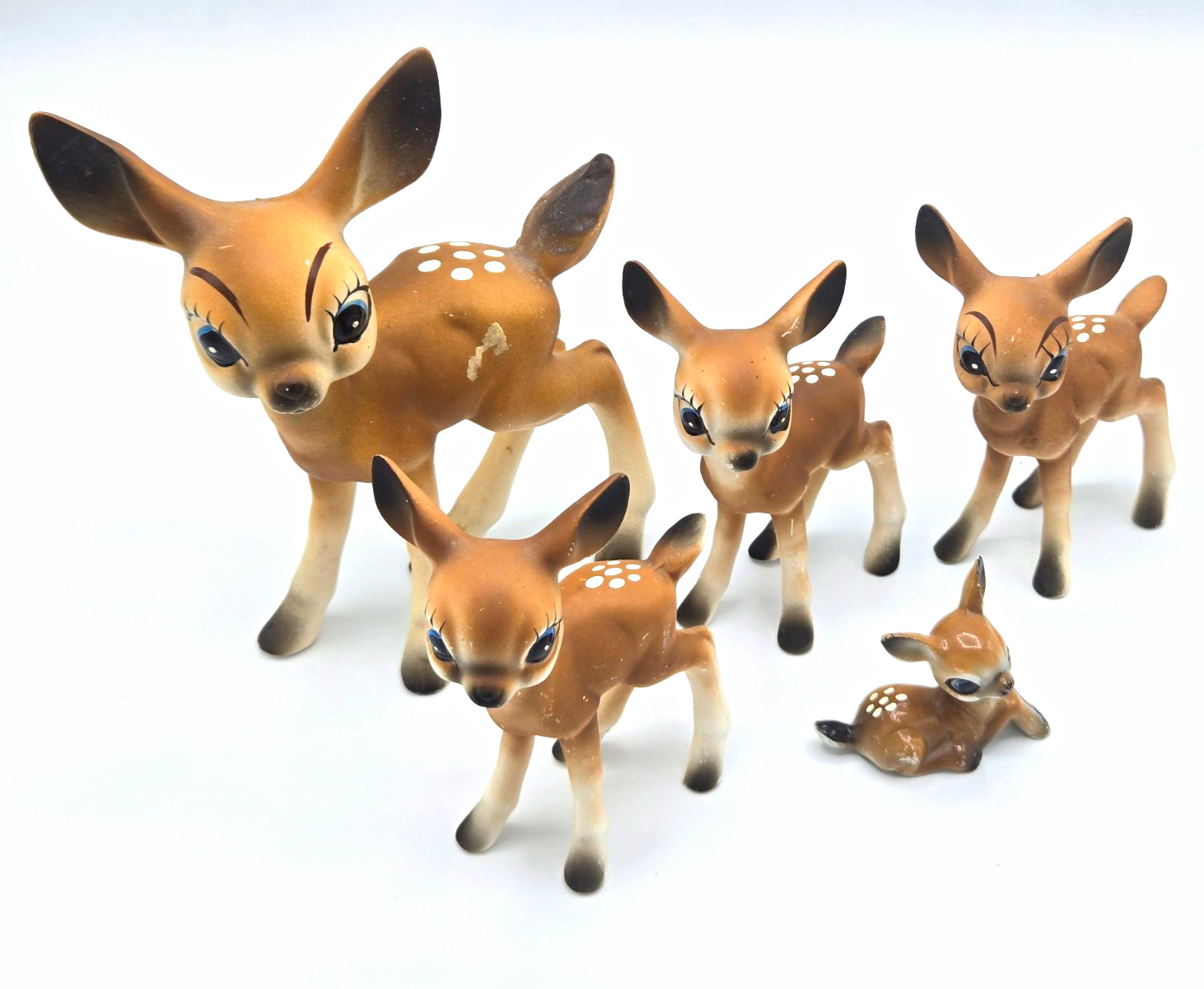 Vintage Ceramic Big Eyed Doe Deer with 4 Fawns Figurine JAPAN Anthropomorphic