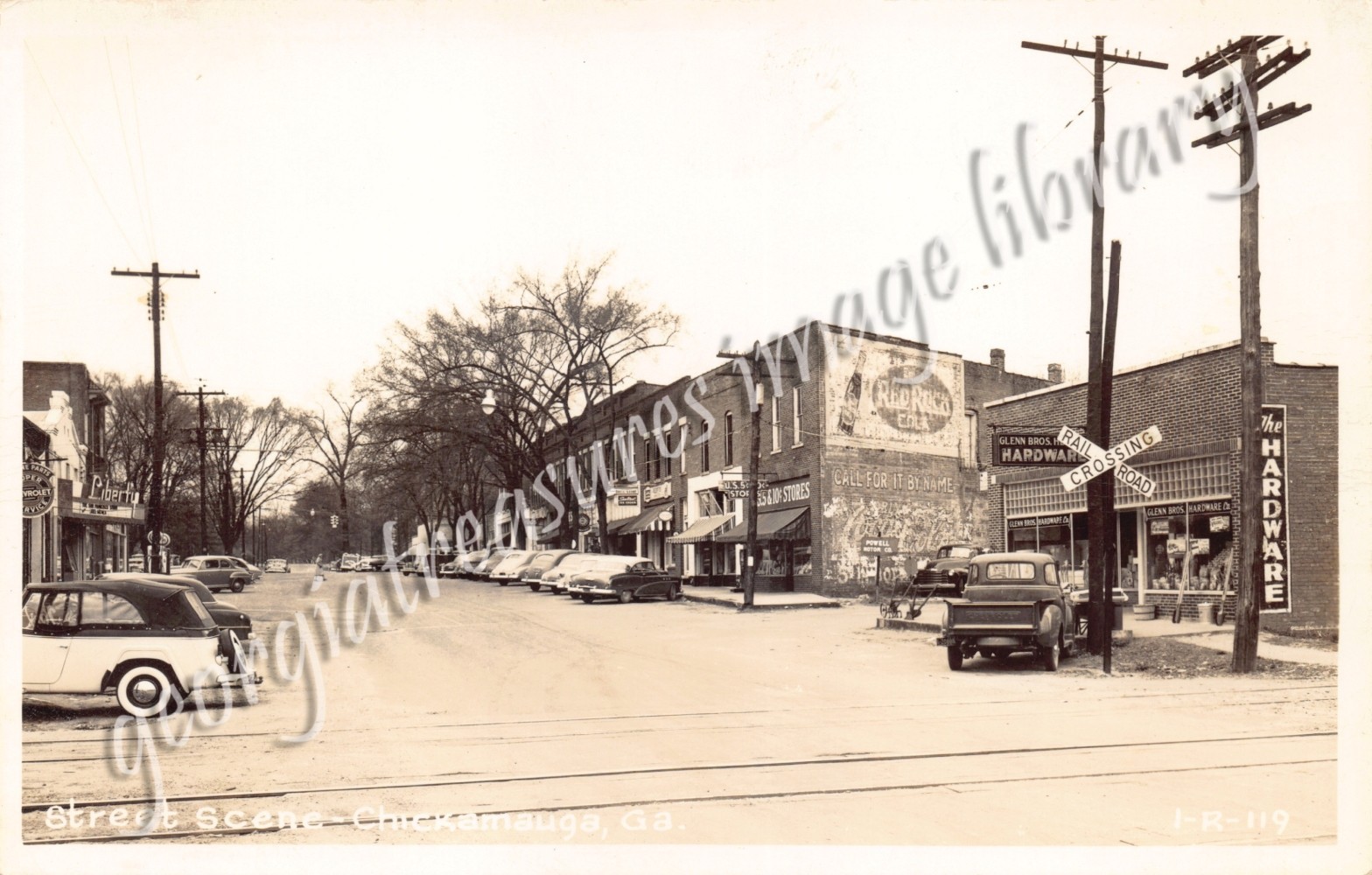 GA~GEORGIA~CHICKAMAUGA~STREET SCENE~RED ROCK COLA ADV~GLENN BROS HDWR~CLINE RPPC